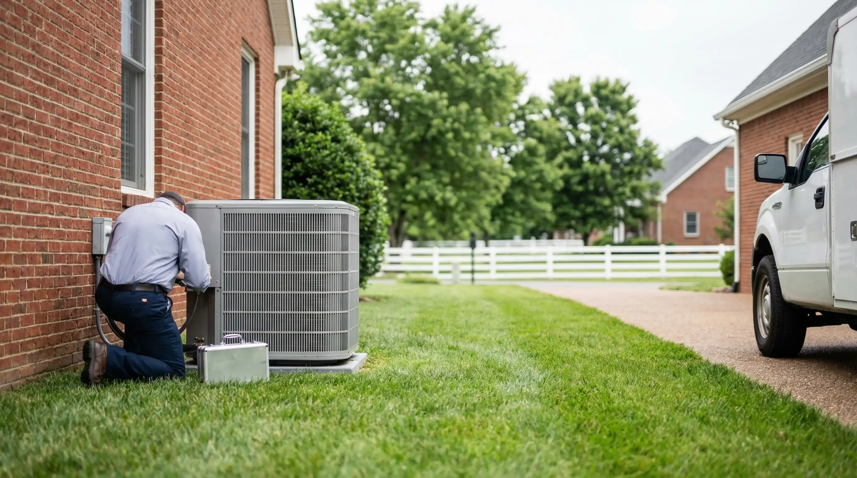 Professional HVAC technician inspecting AC condenser unit outside a red brick colonial home in Lexington, KY