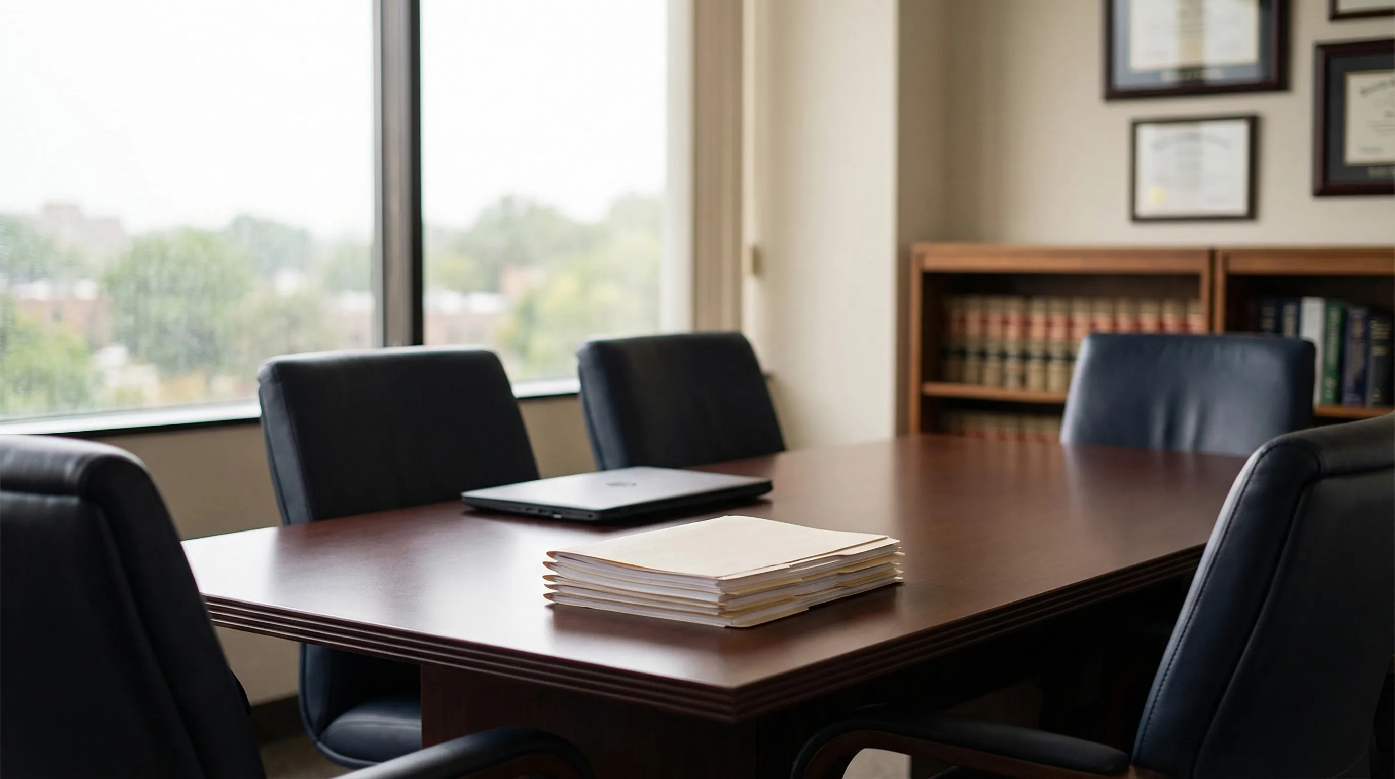 Professional attorney in a suit walking toward a red brick law office building near the Fayette County Courthouse in Lexington, KY