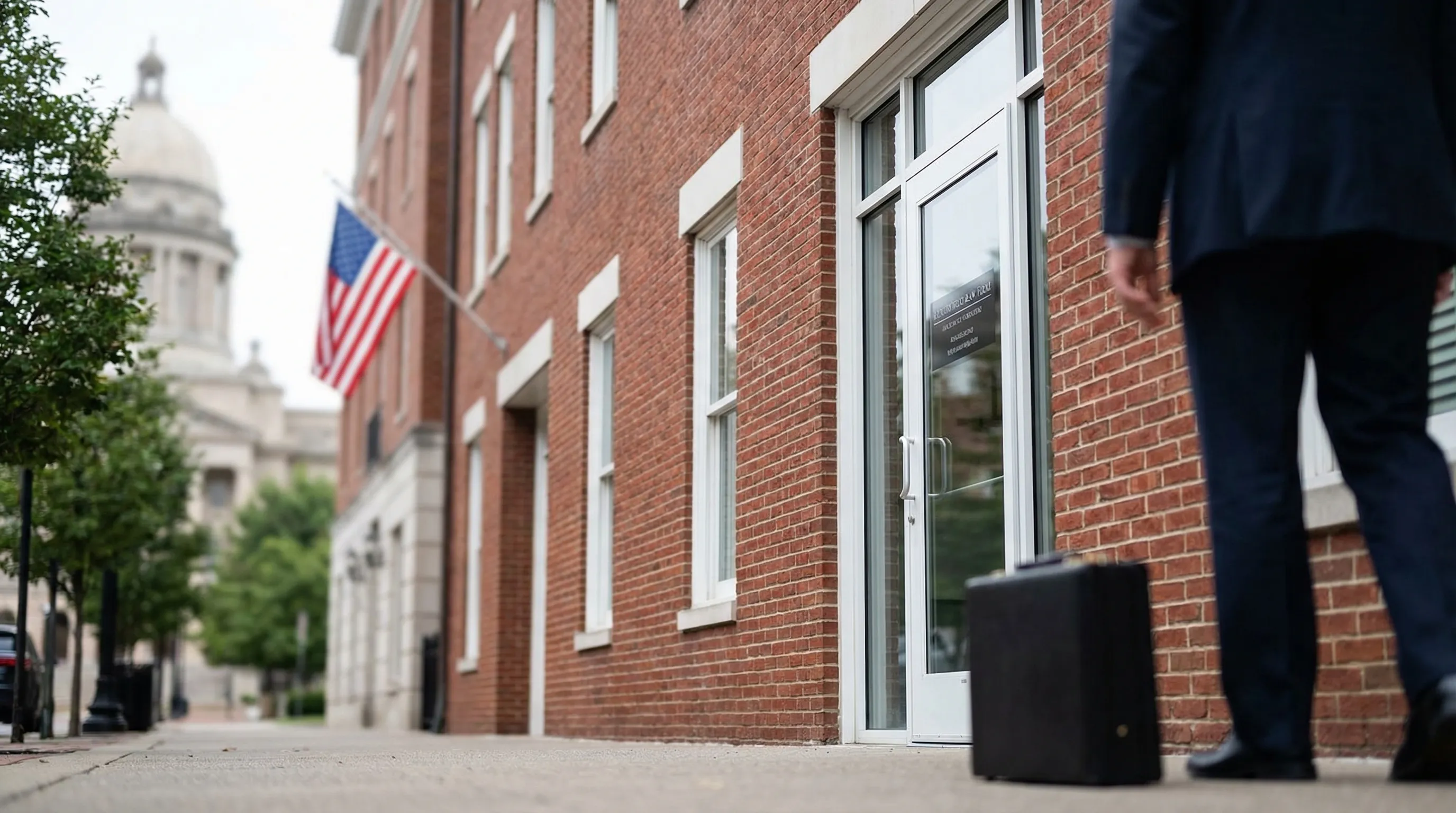 Professional attorney in a suit walking toward a red brick law office building near the Fayette County Courthouse in Lexington, KY