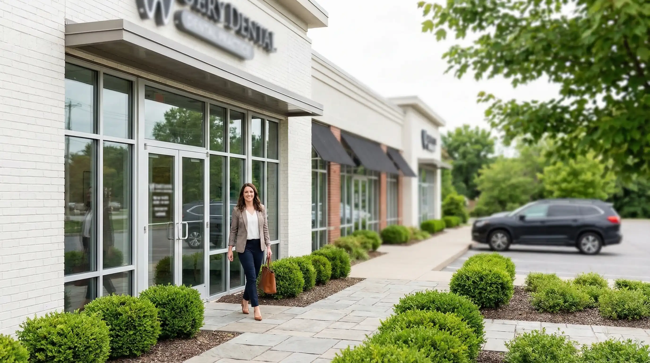 Modern dental practice exterior with a female patient walking out smiling in a Lexington, KY suburban commercial area
