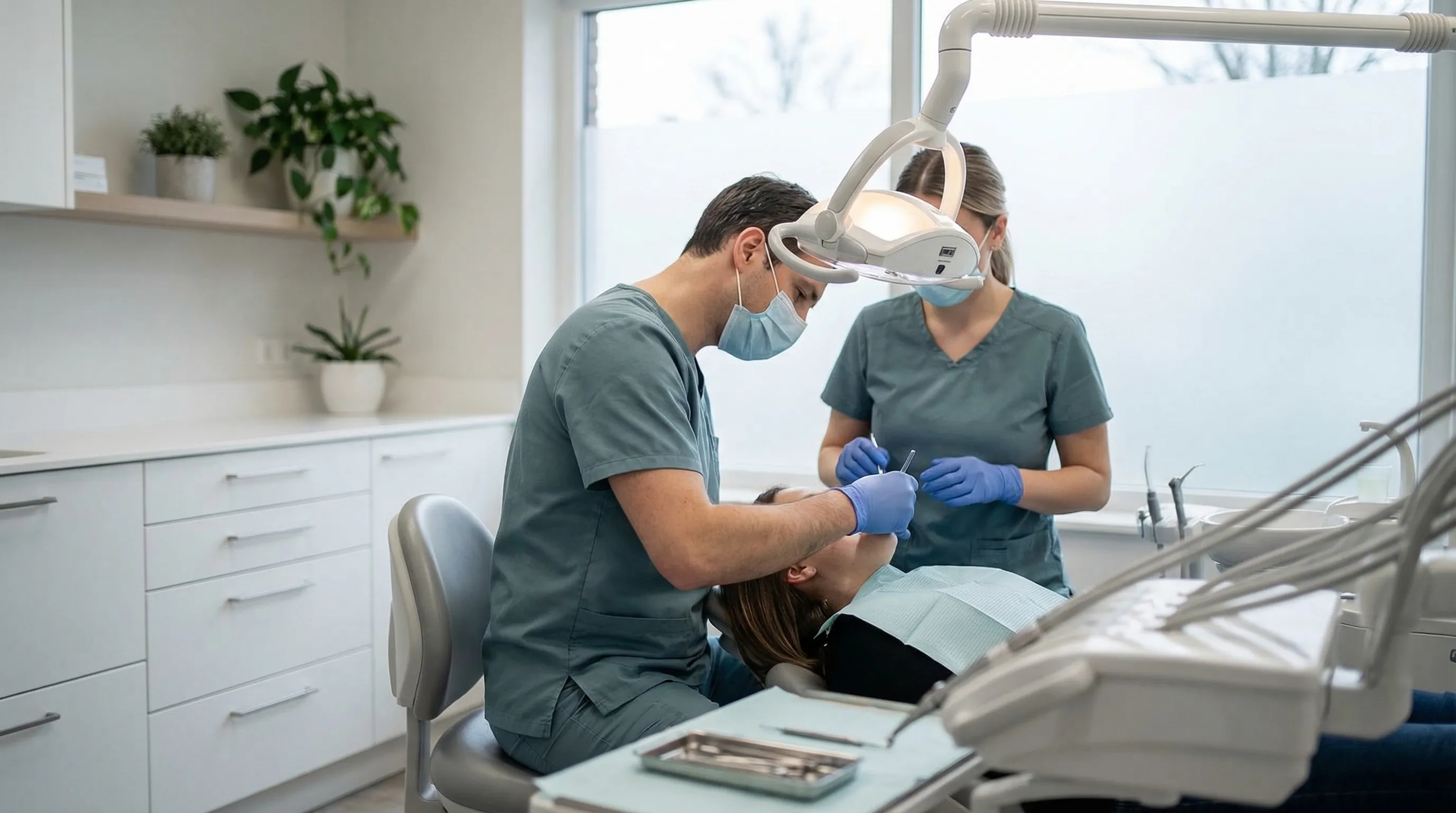 Modern dental practice exterior with a female patient walking out smiling in a Lexington, KY suburban commercial area