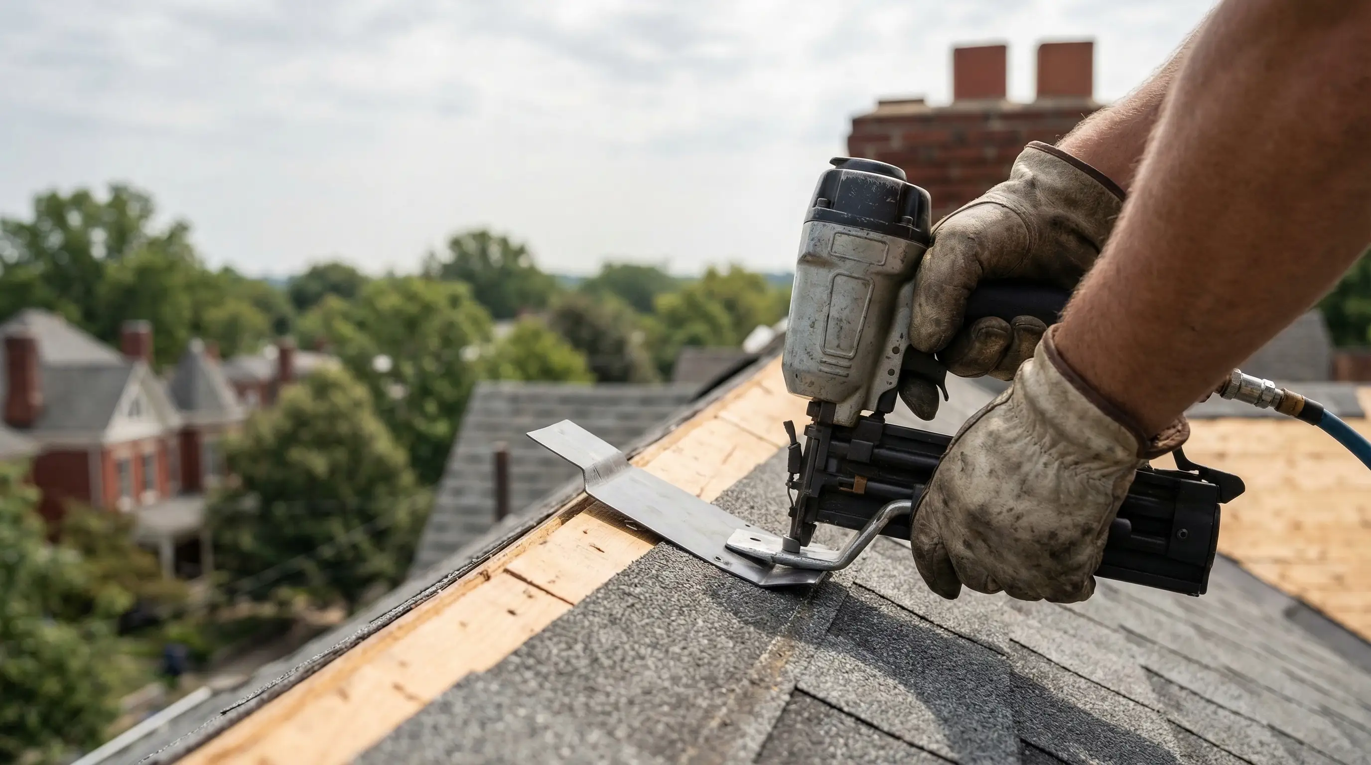 Professional roofing crew replacing shingles on a brick home in Lexington, KY