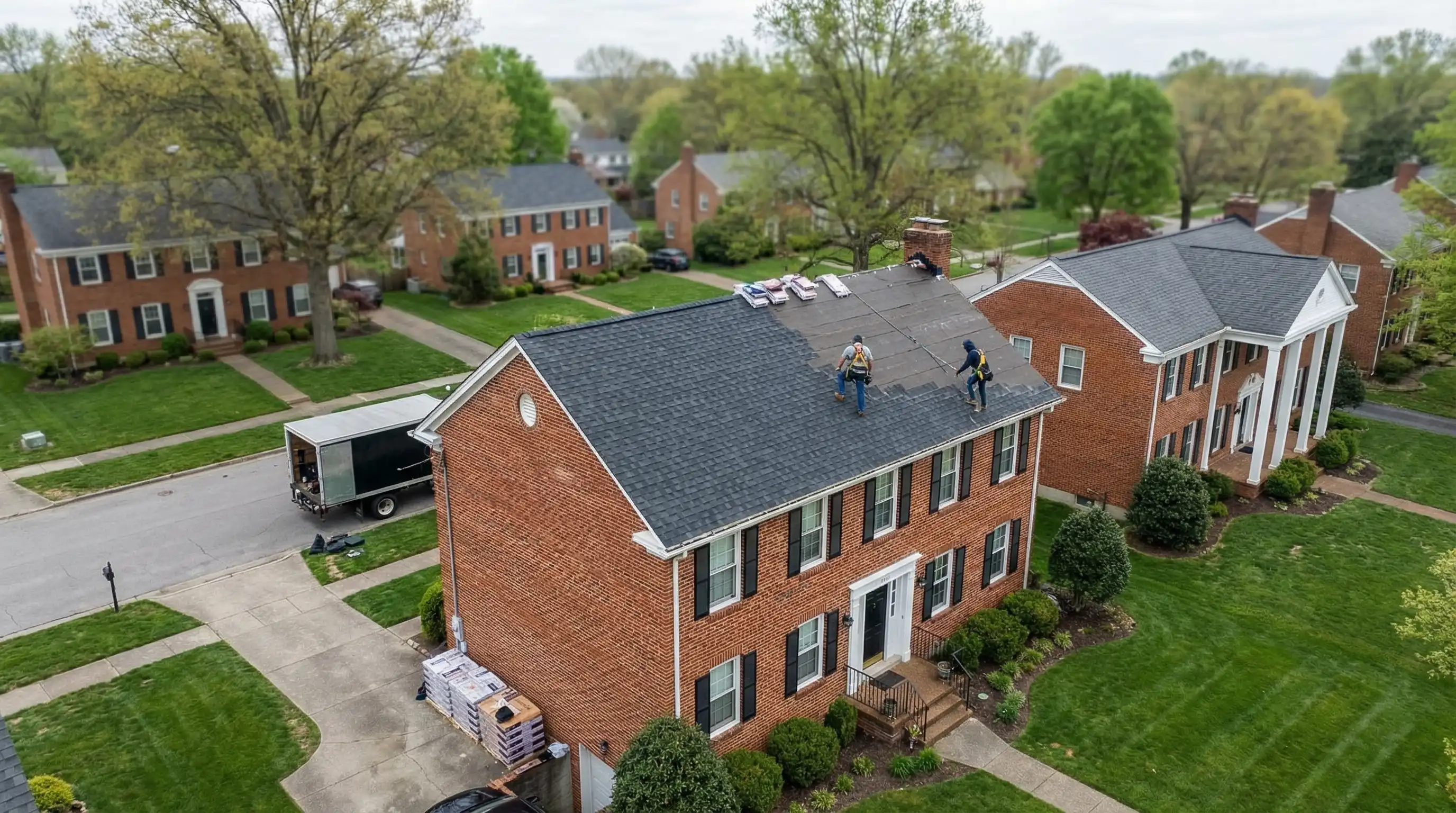 Professional roofing crew replacing shingles on a brick home in Lexington, KY