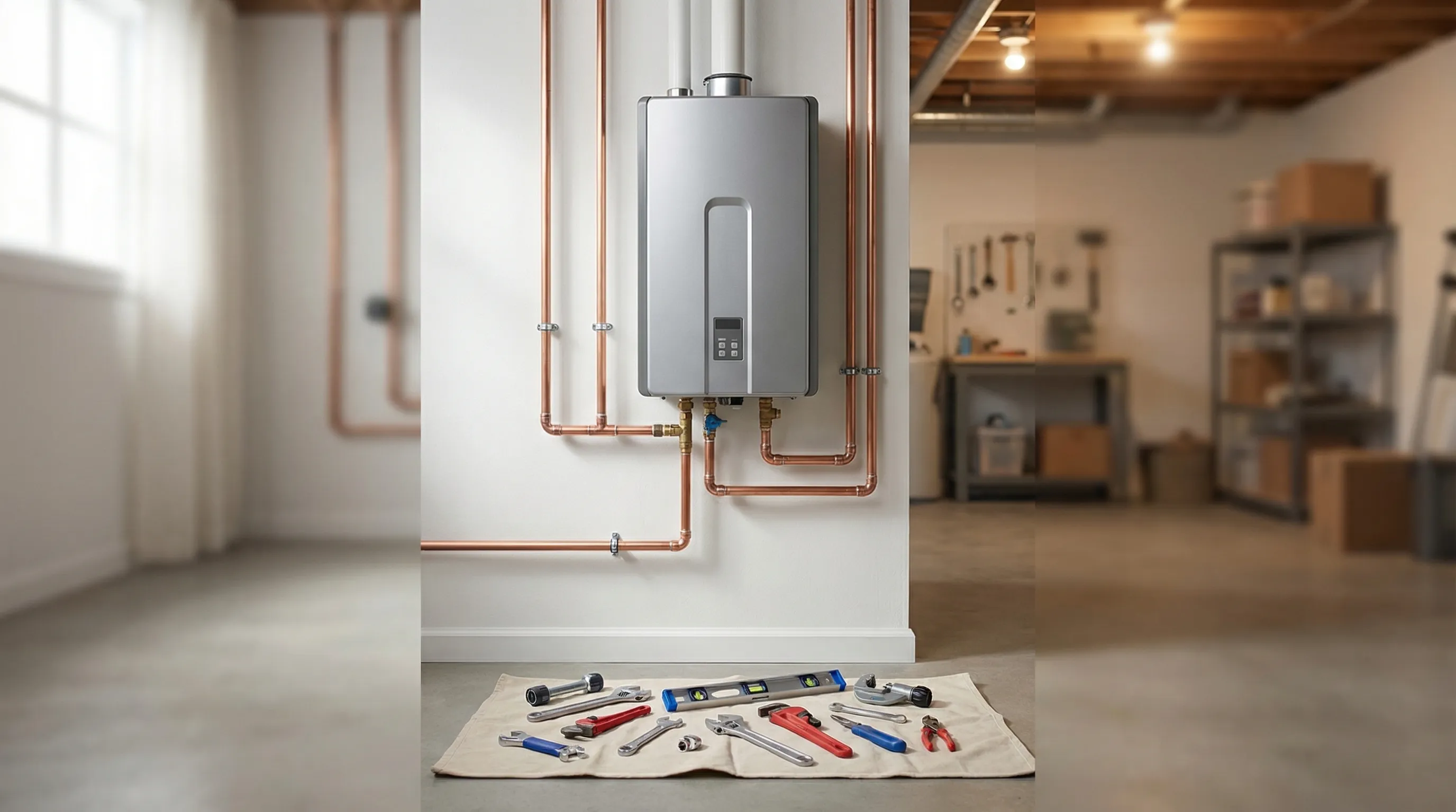 Professional plumber installing a tankless water heater in a Lexington, KY home