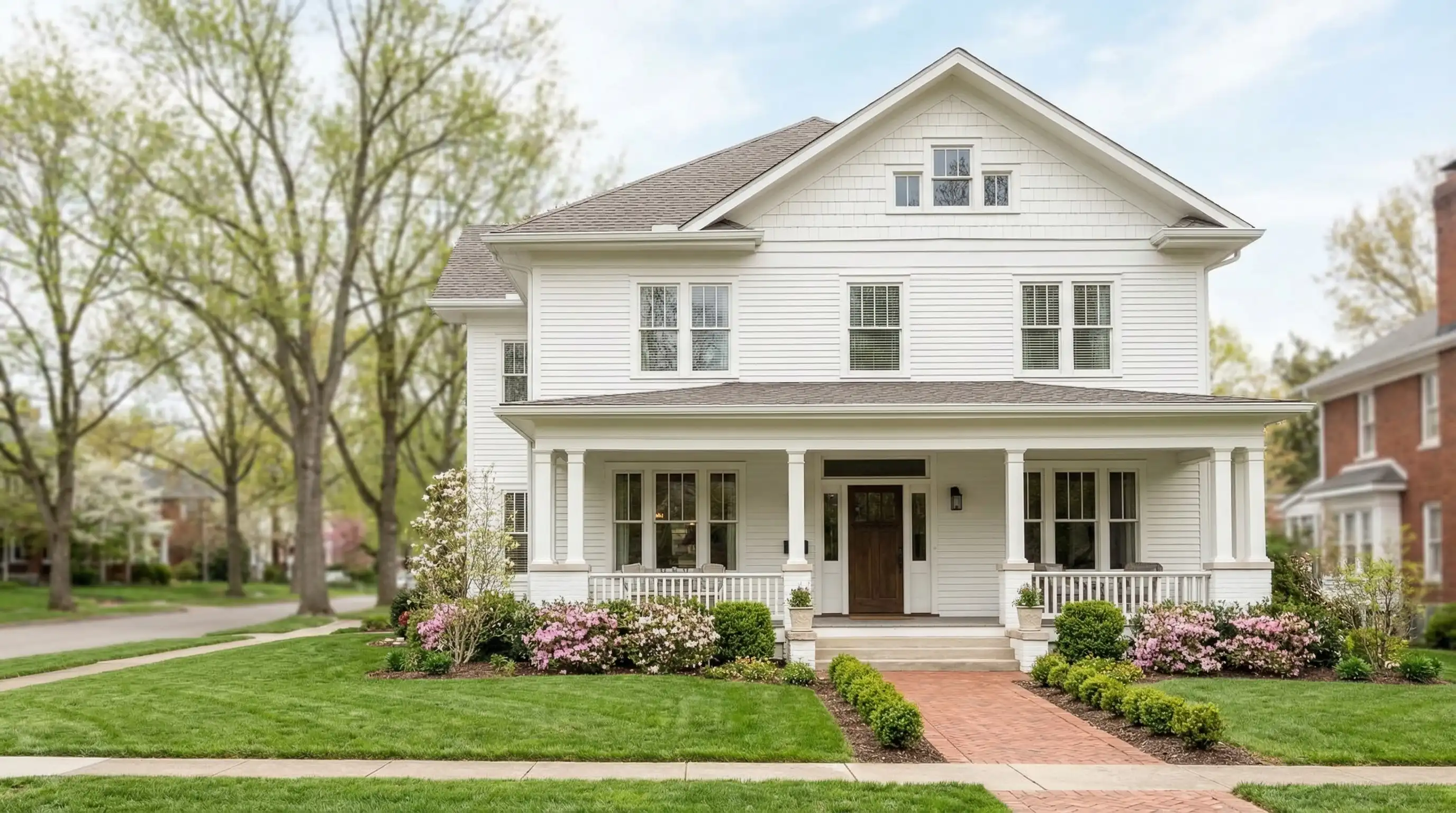 Real estate agent showing a home to buyers on a tree-lined street in Lexington, KY