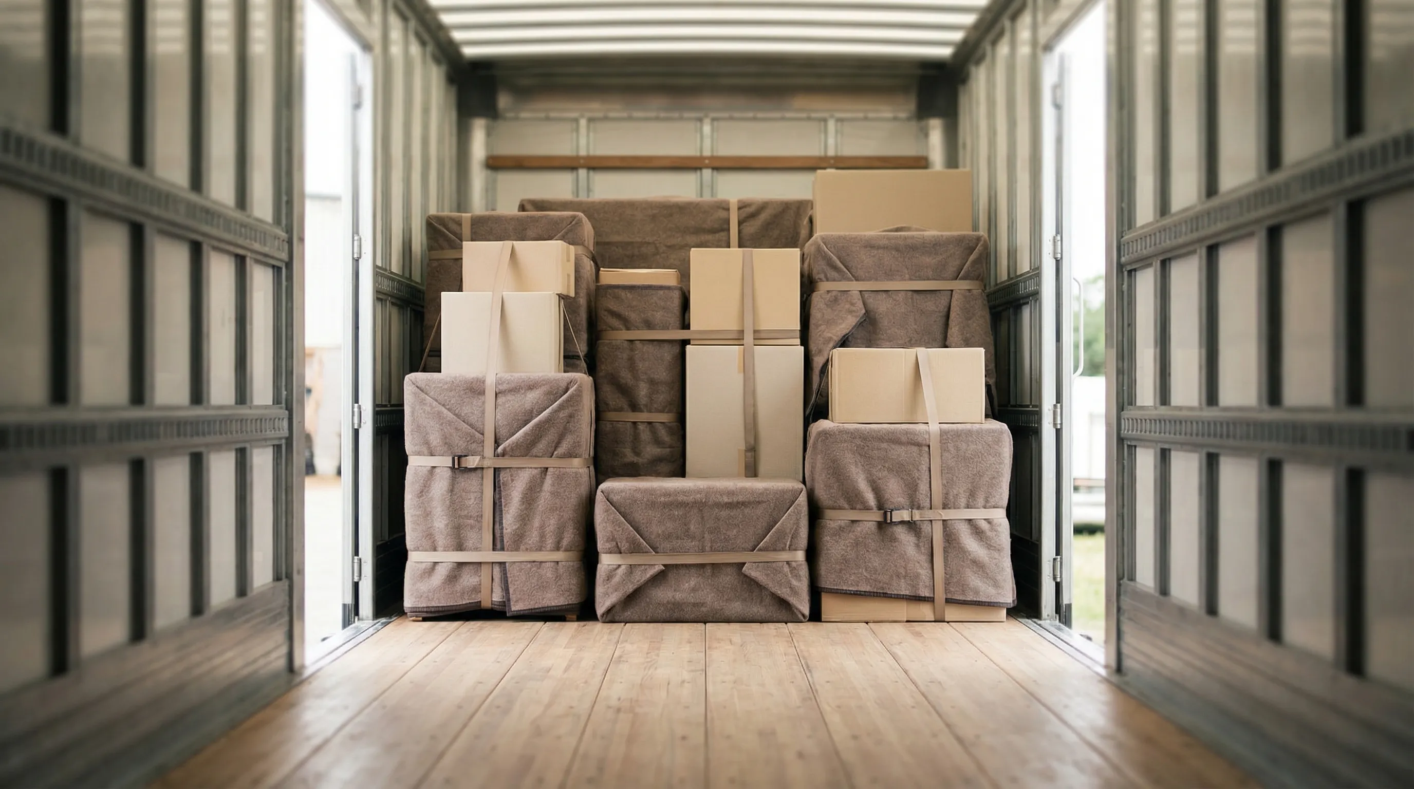 Professional moving crew loading a branded truck outside a home in Lexington, KY