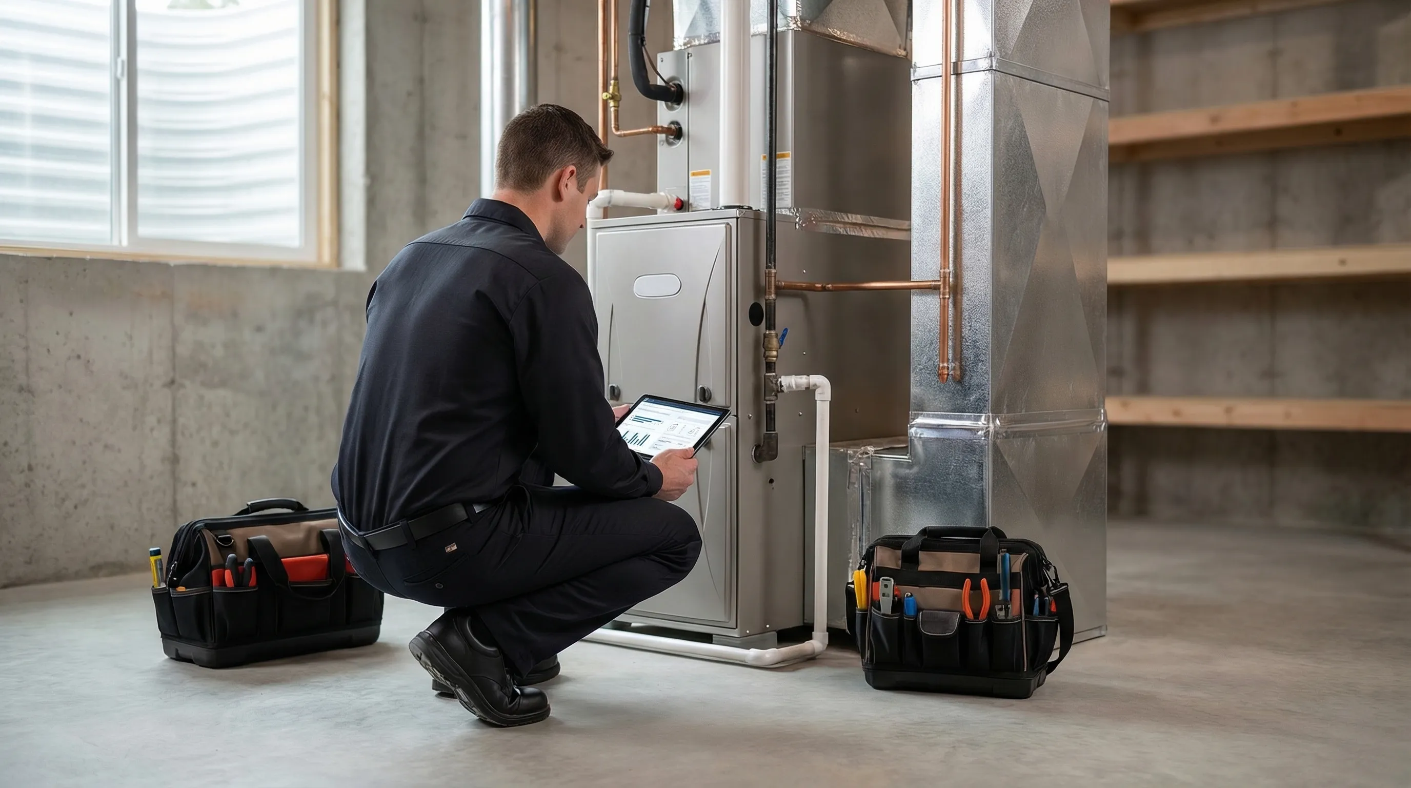 Professional HVAC technician reviewing furnace diagnostics in a Central New York home basement in Syracuse, NY