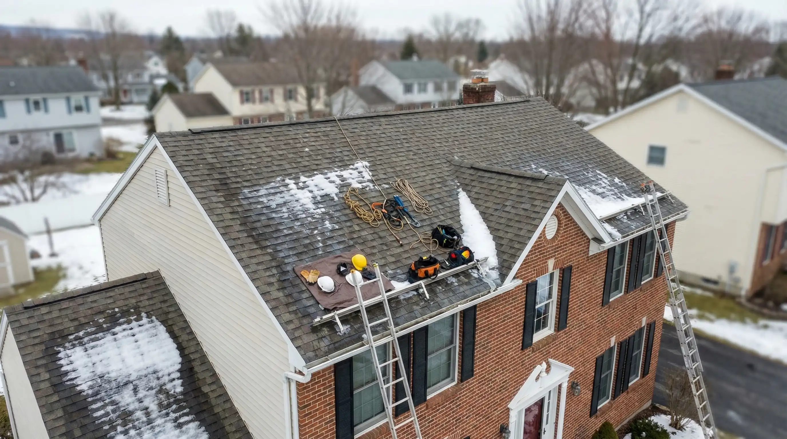 Professional roofing contractor reviewing a roofing project estimate with a homeowner outside an older brick home in Syracuse, NY