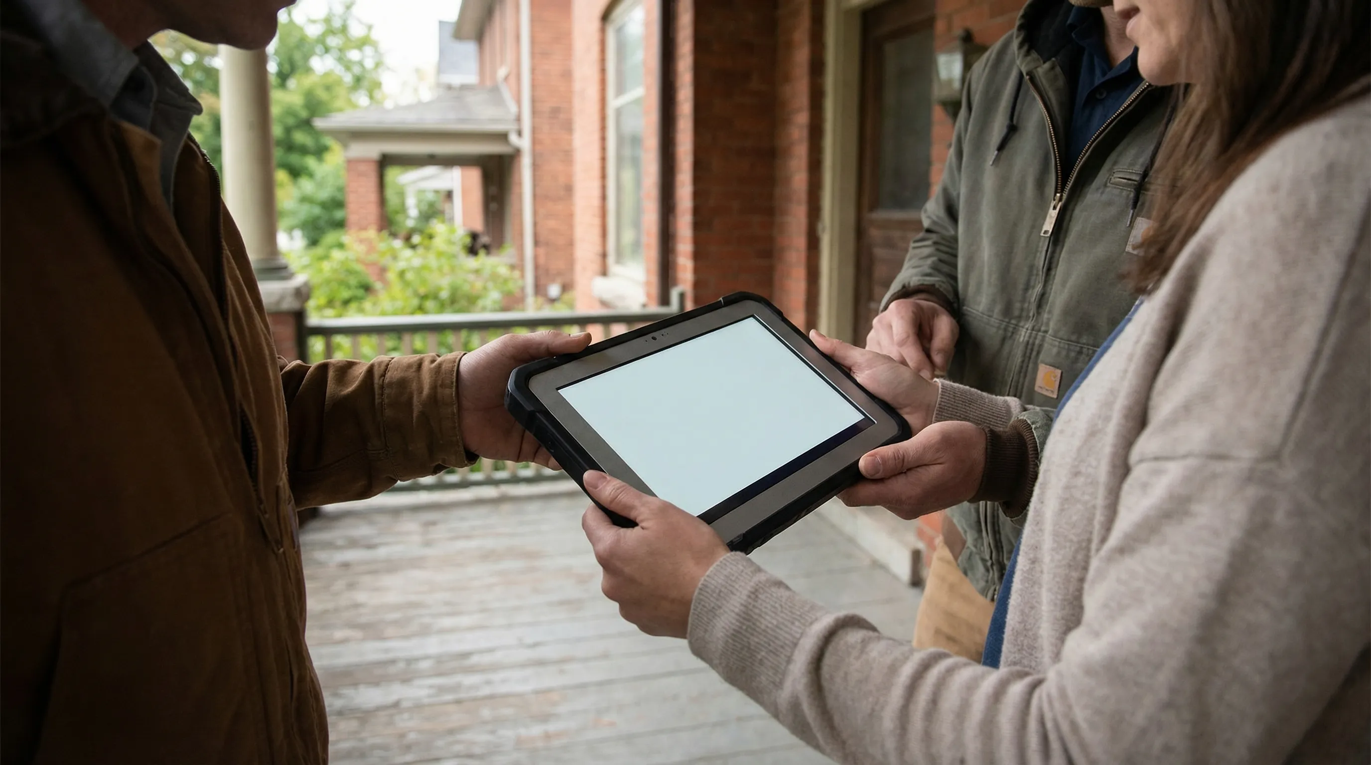 Professional roofing contractor reviewing a roofing project estimate with a homeowner outside an older brick home in Syracuse, NY