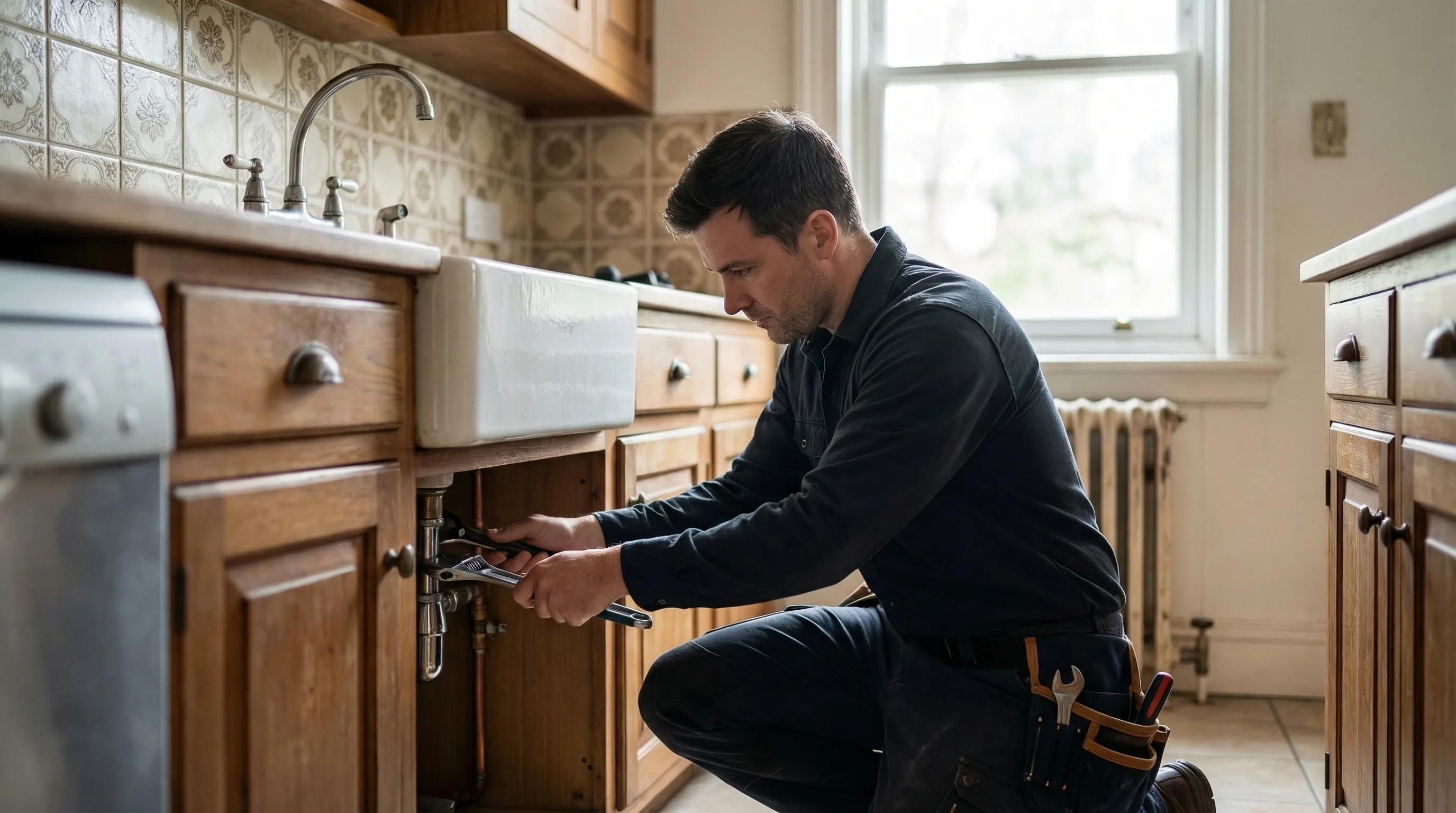 Licensed plumber working on supply line repair in an older pre-war home basement in Syracuse, NY