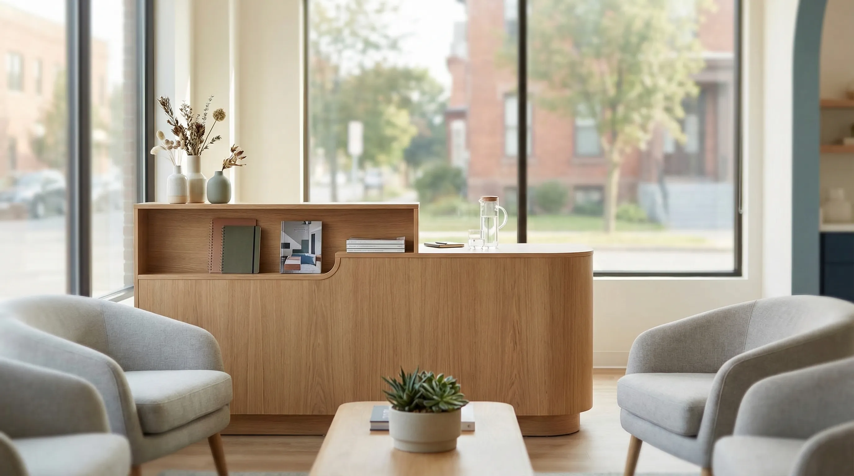 Modern dental office reception area with welcoming decor and professional staff in Syracuse, NY