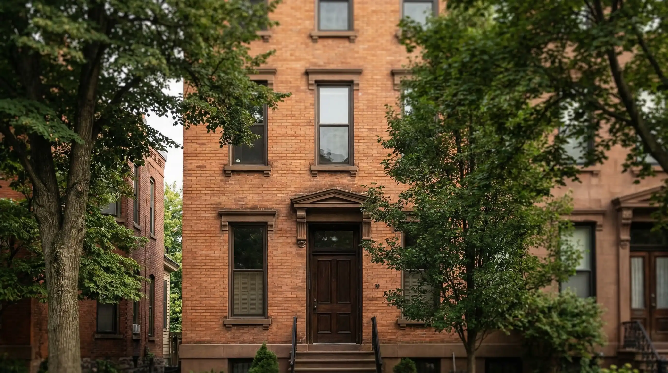 Professional law office exterior in Syracuse, NY — brick facade, attorney signage, Central New York setting