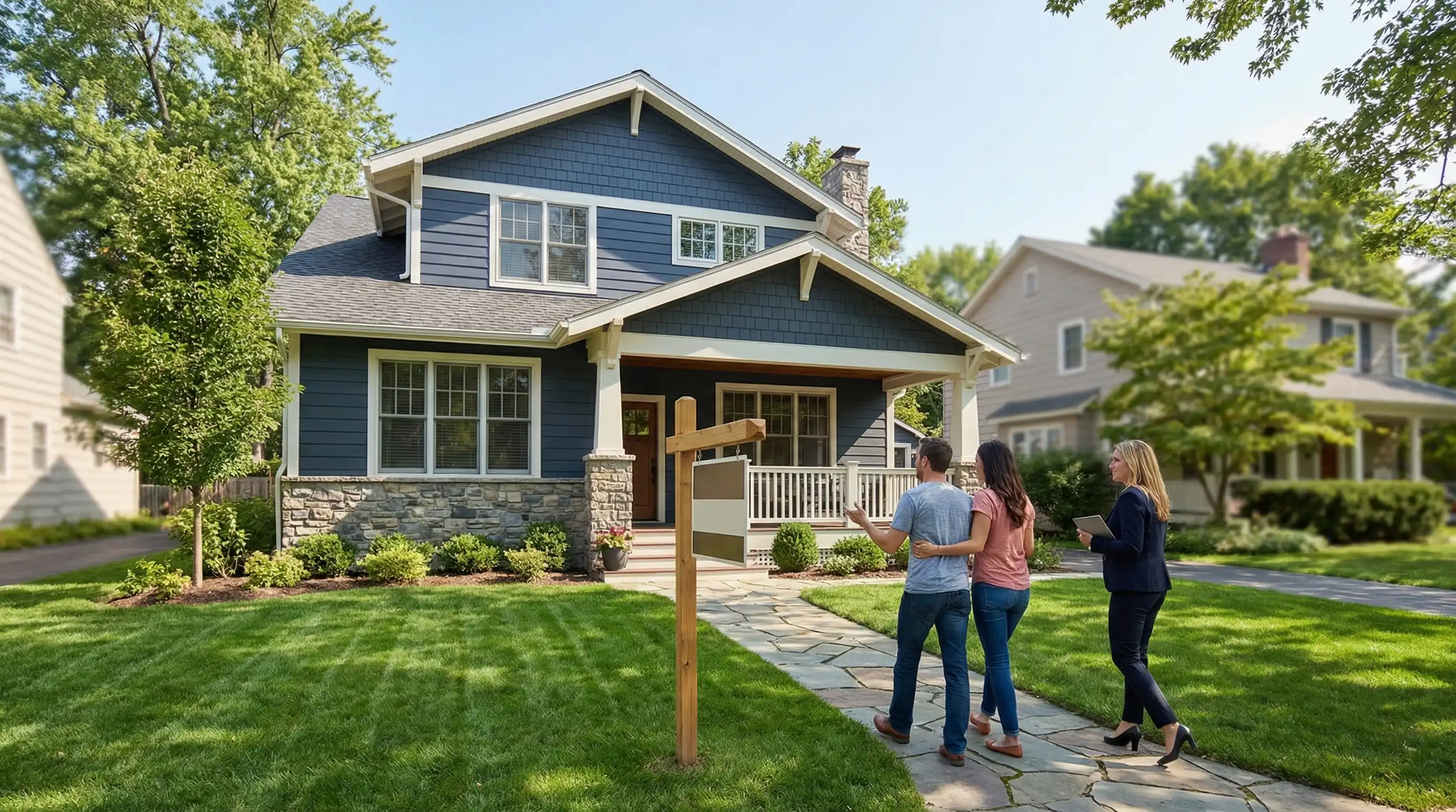 Real estate agent reviewing home listings with clients in a modern Syracuse, NY home interior