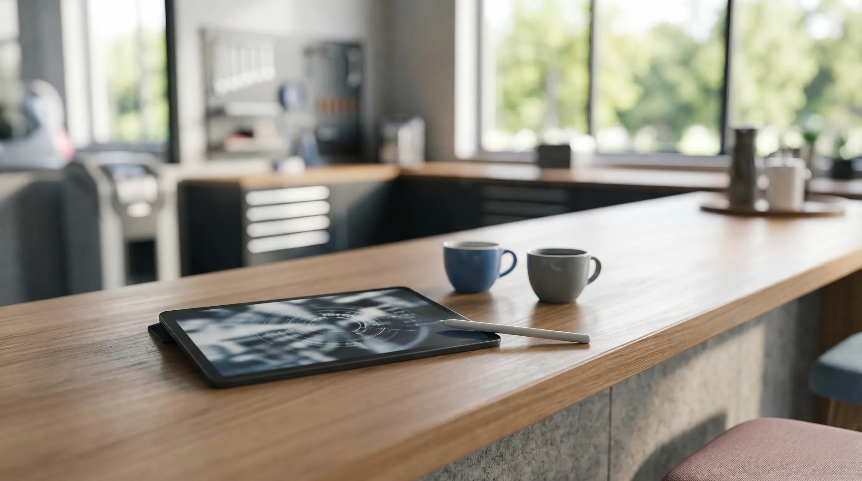 Professional auto mechanic working in a well-lit Syracuse, NY repair shop with winter tires visible in background