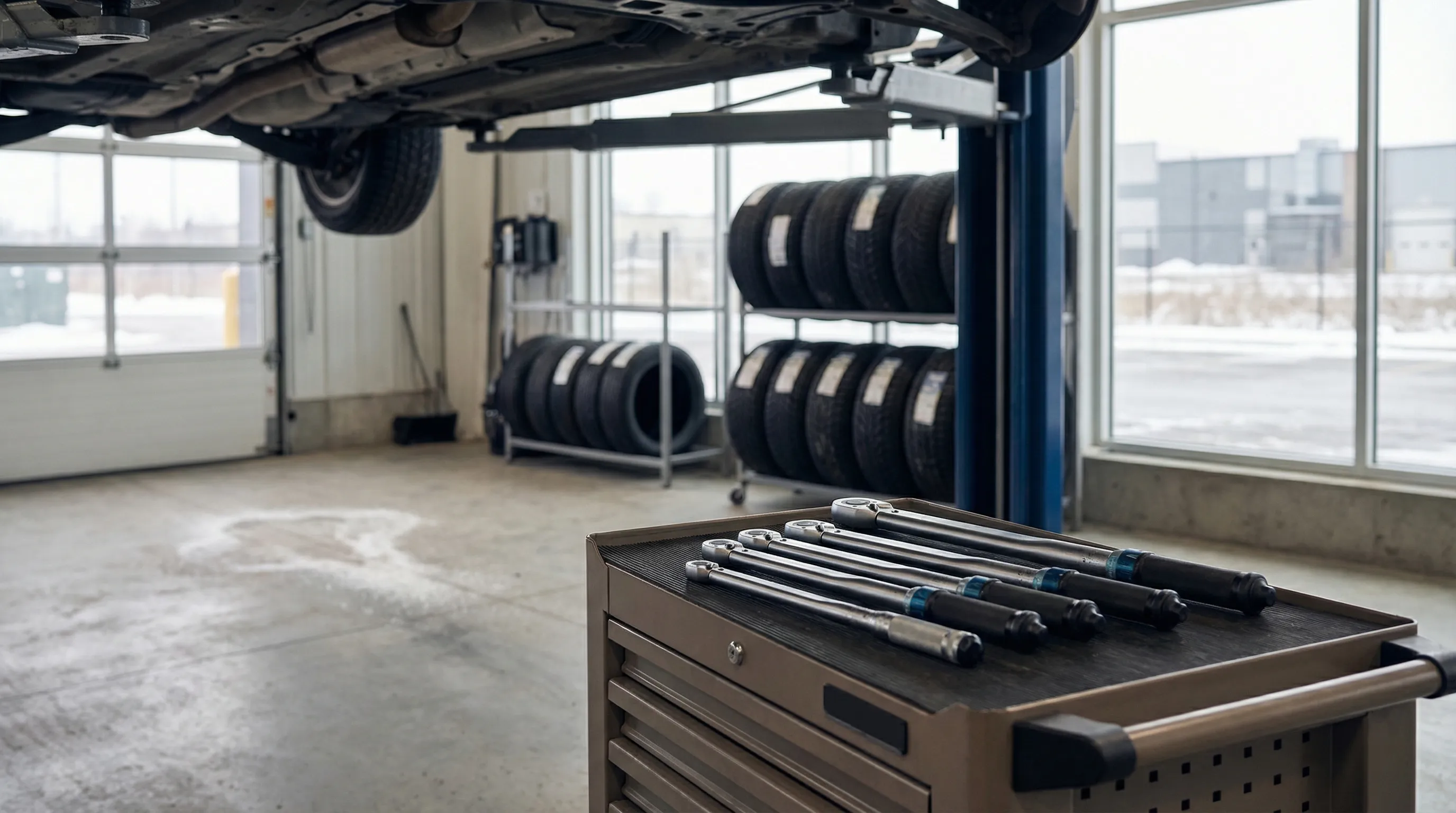 Professional auto mechanic working in a well-lit Syracuse, NY repair shop with winter tires visible in background