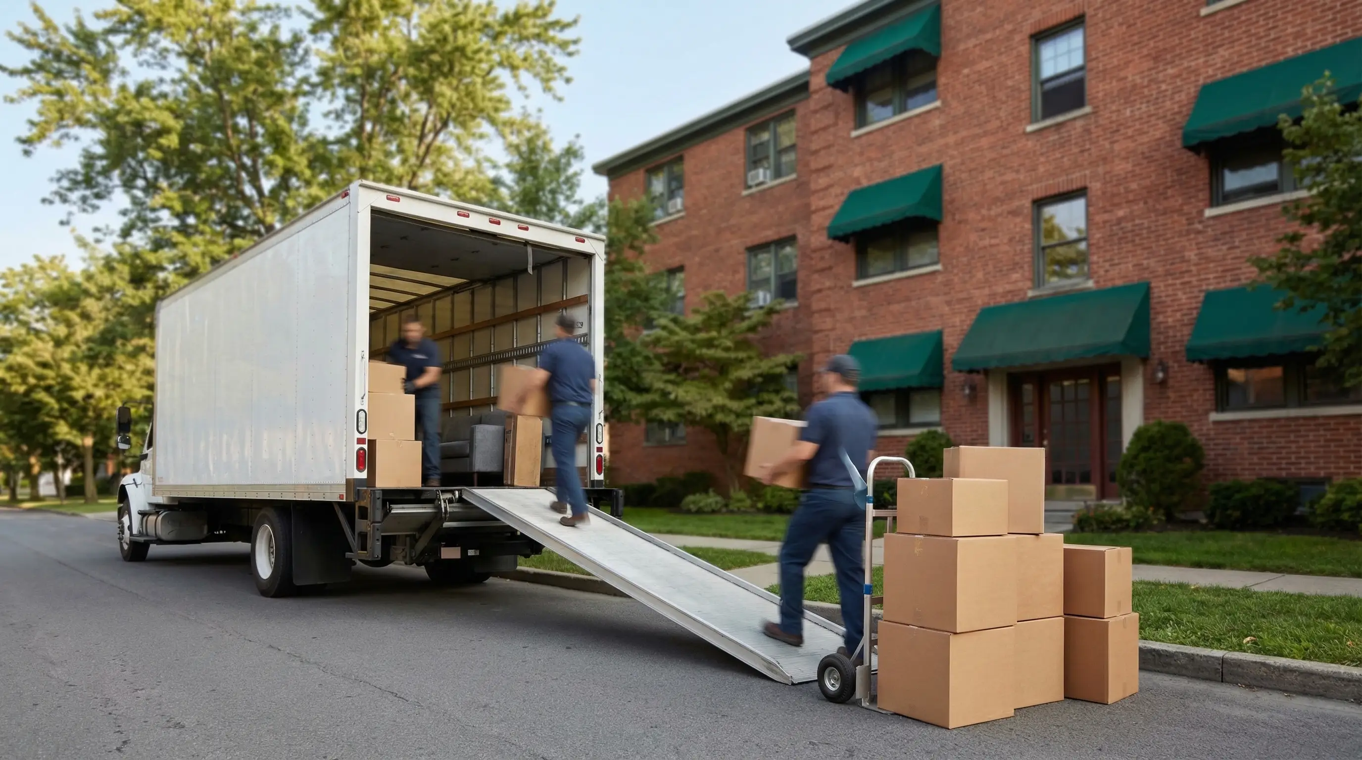 Professional moving crew loading a truck from a Syracuse, NY apartment building on a summer day