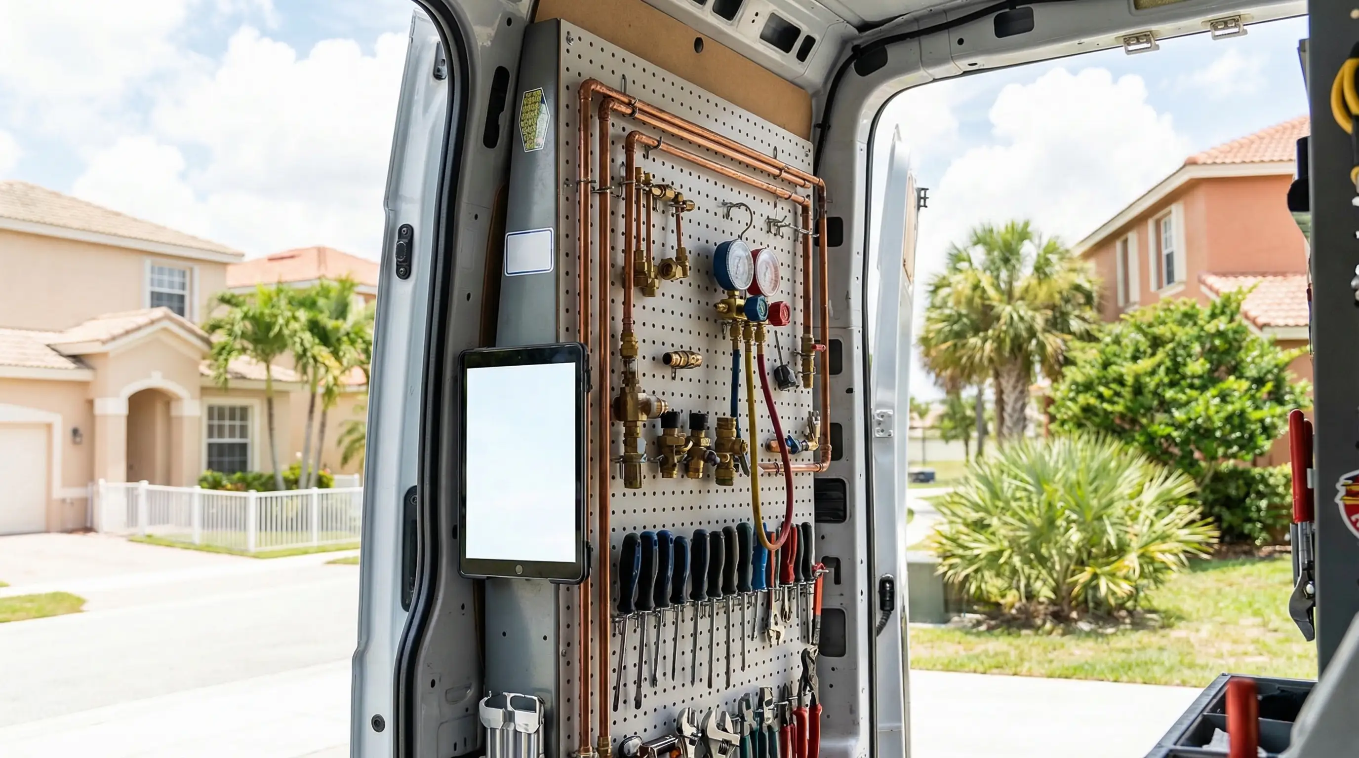 Professional HVAC technician servicing a residential air conditioning unit outside a stucco home in Port St. Lucie, FL
