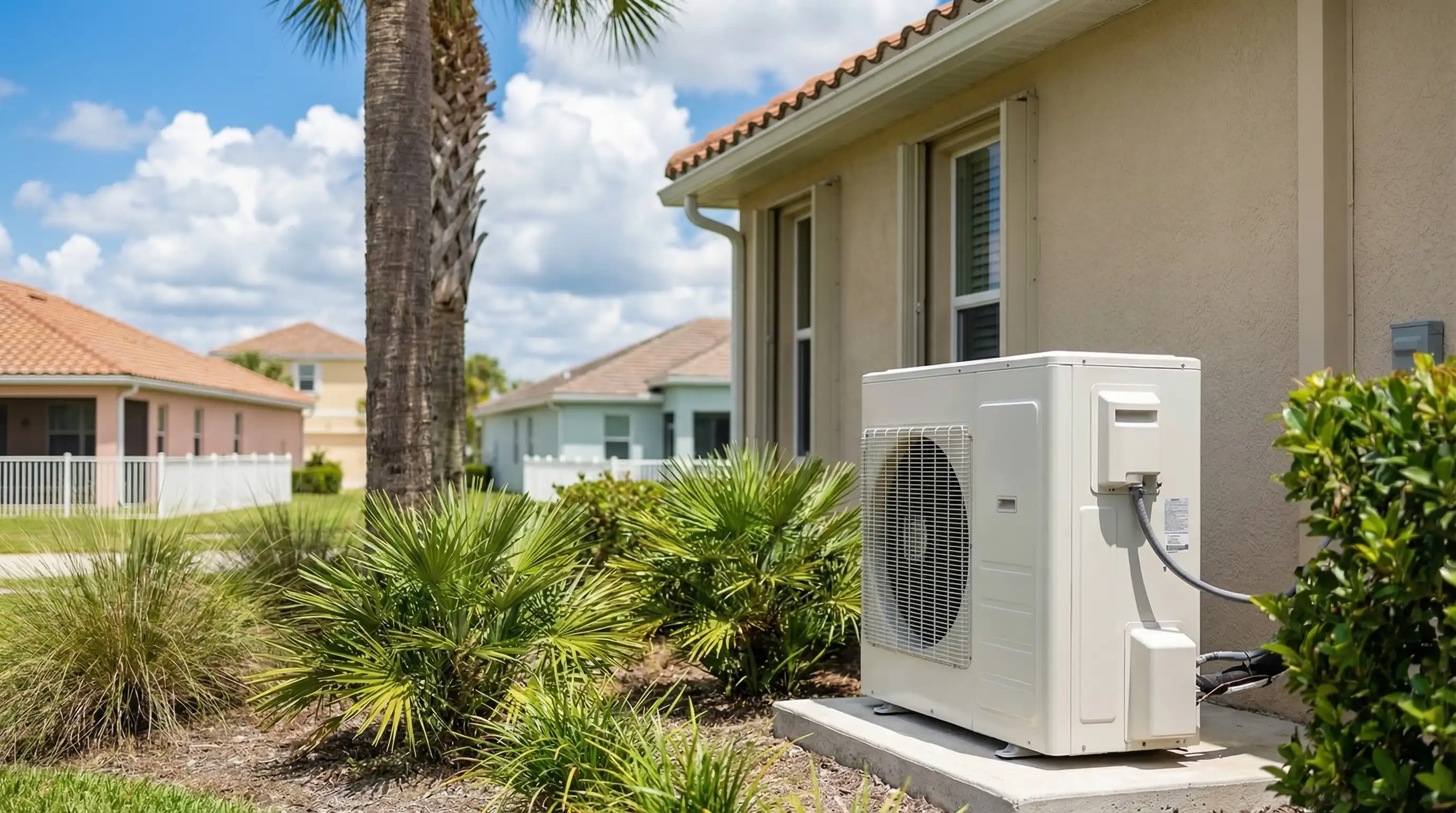 Professional HVAC technician servicing a residential air conditioning unit outside a stucco home in Port St. Lucie, FL