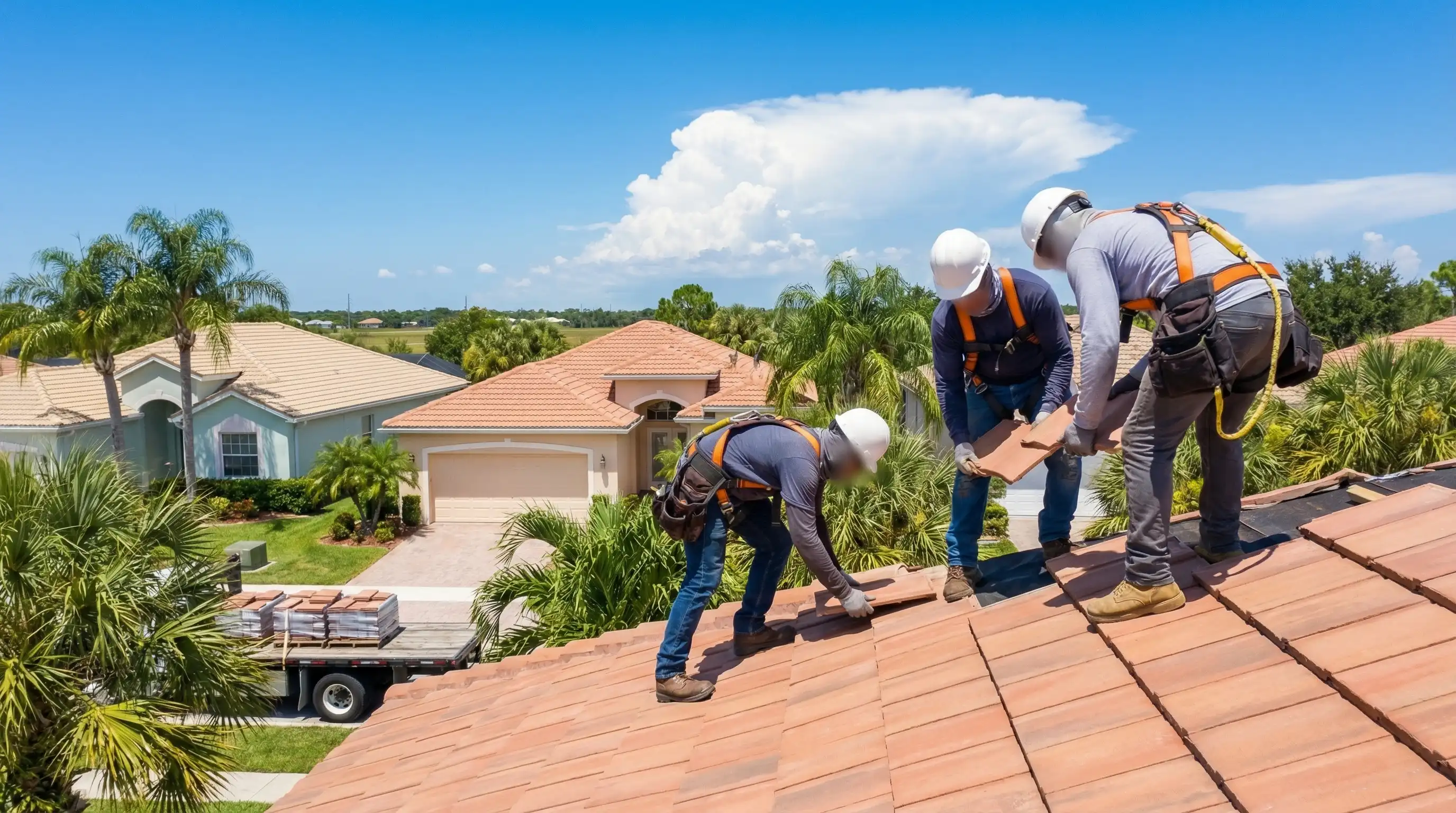 Professional roofing crew installing concrete tile on a residential home in Port St. Lucie, FL with Florida sky background