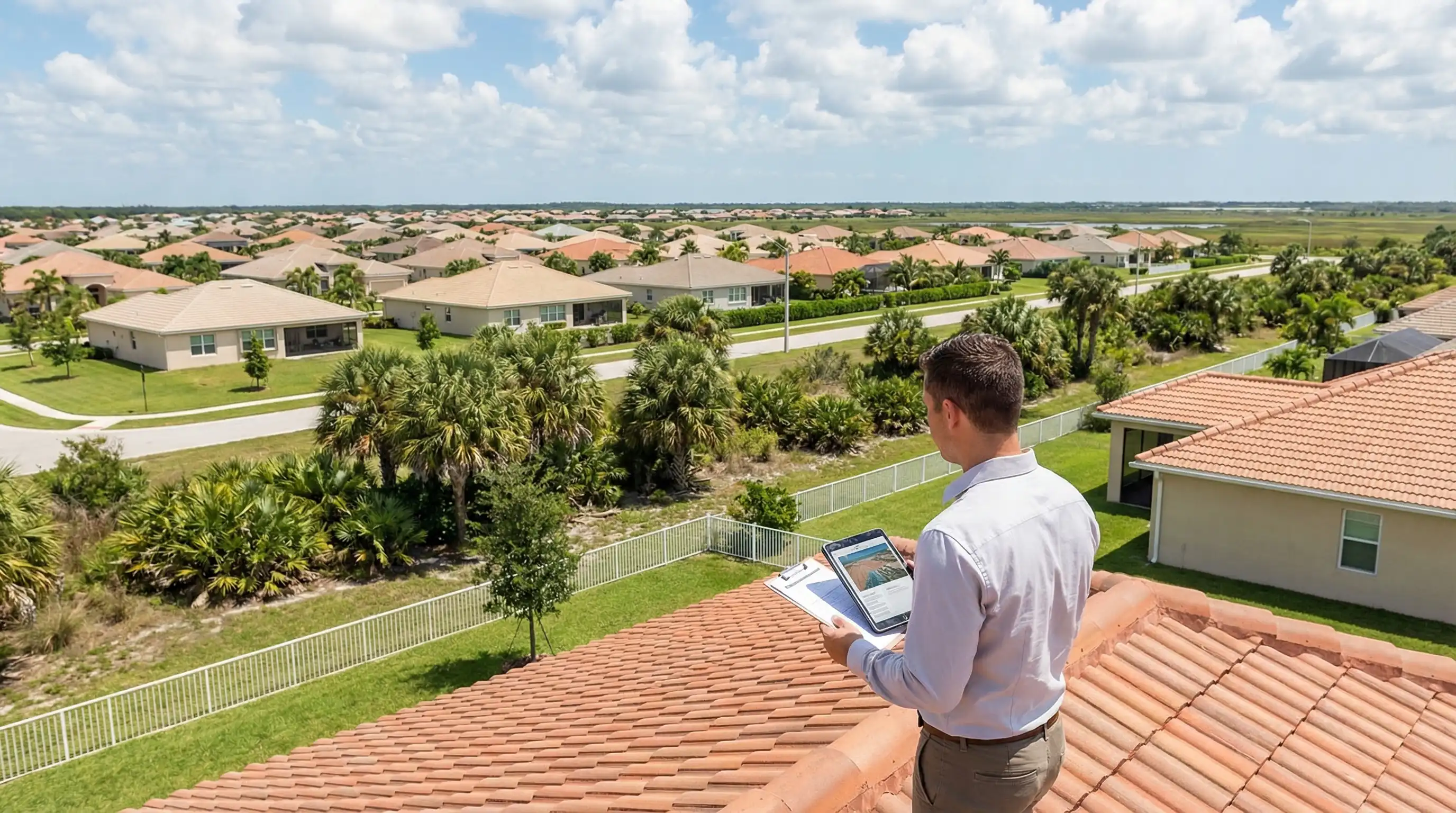 Professional roofing crew installing concrete tile on a residential home in Port St. Lucie, FL with Florida sky background