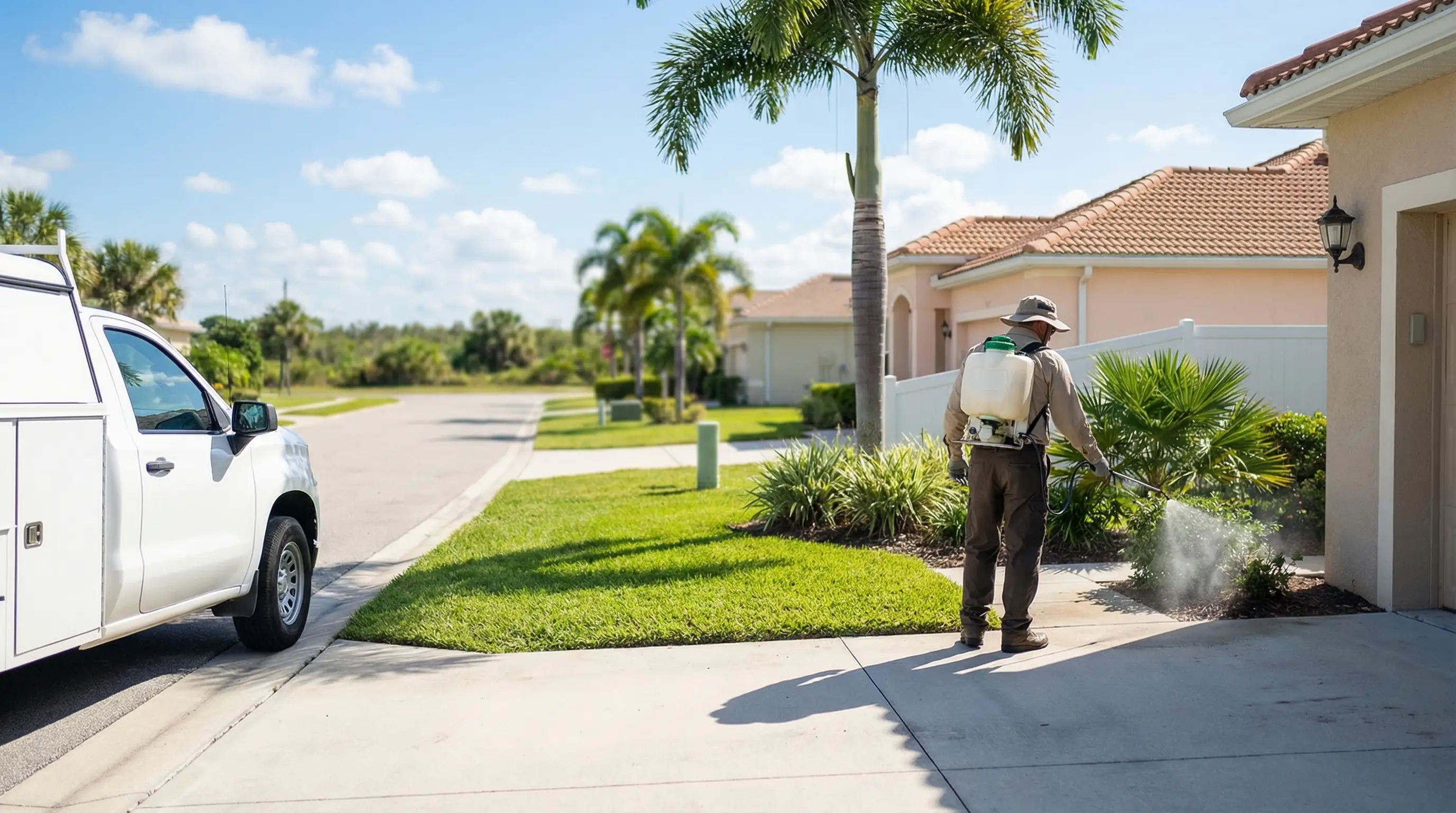 Licensed pest control technician spraying the perimeter of a stucco residential home in Port St. Lucie, FL