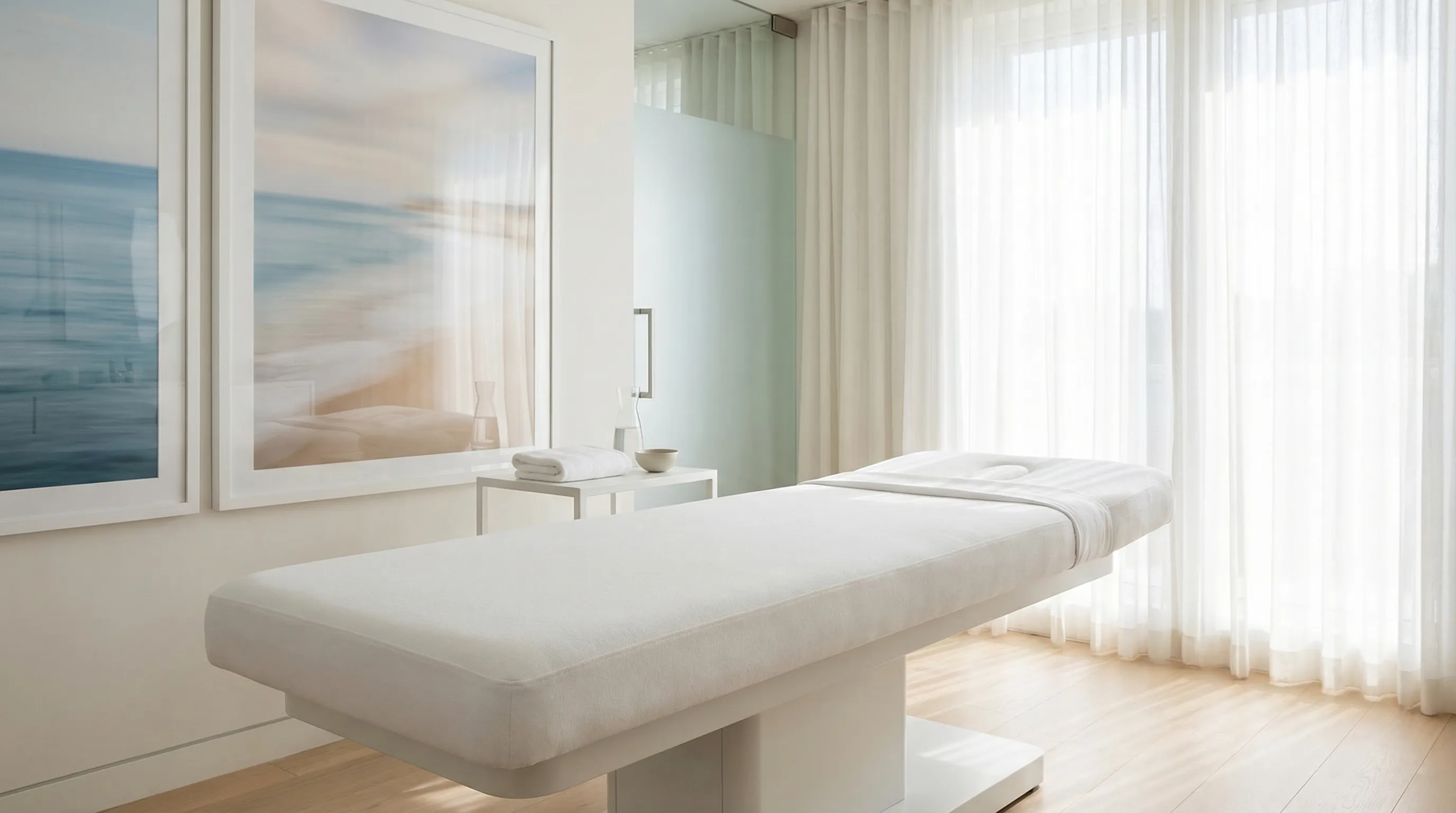 Professional medical spa treatment room with sleek white treatment bed and soft lighting for medspa services in Port St. Lucie, FL