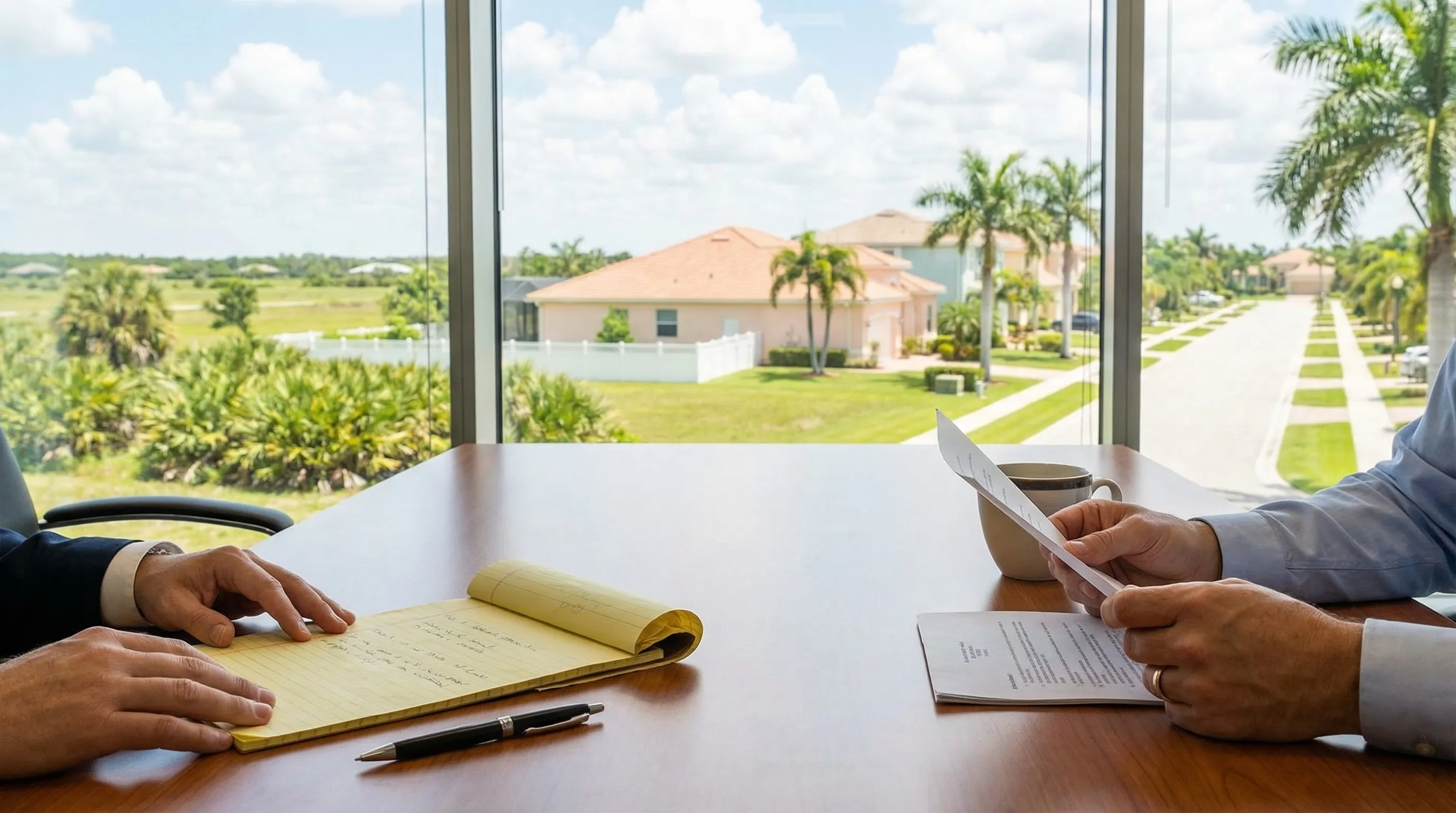 Professional attorney at a mahogany desk in a Port St. Lucie, FL law office with law degree and Florida state flag on wall
