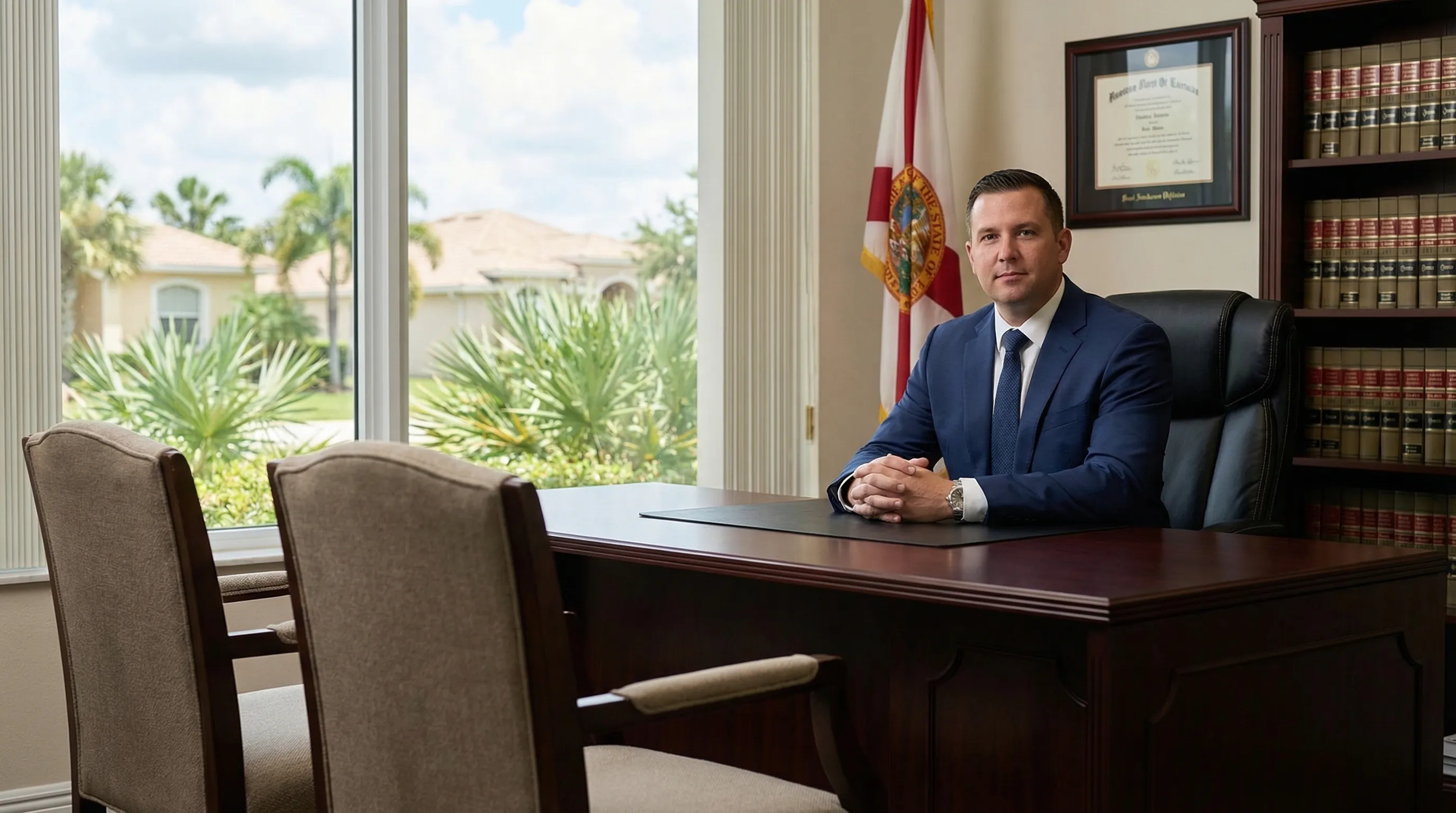 Professional attorney at a mahogany desk in a Port St. Lucie, FL law office with law degree and Florida state flag on wall