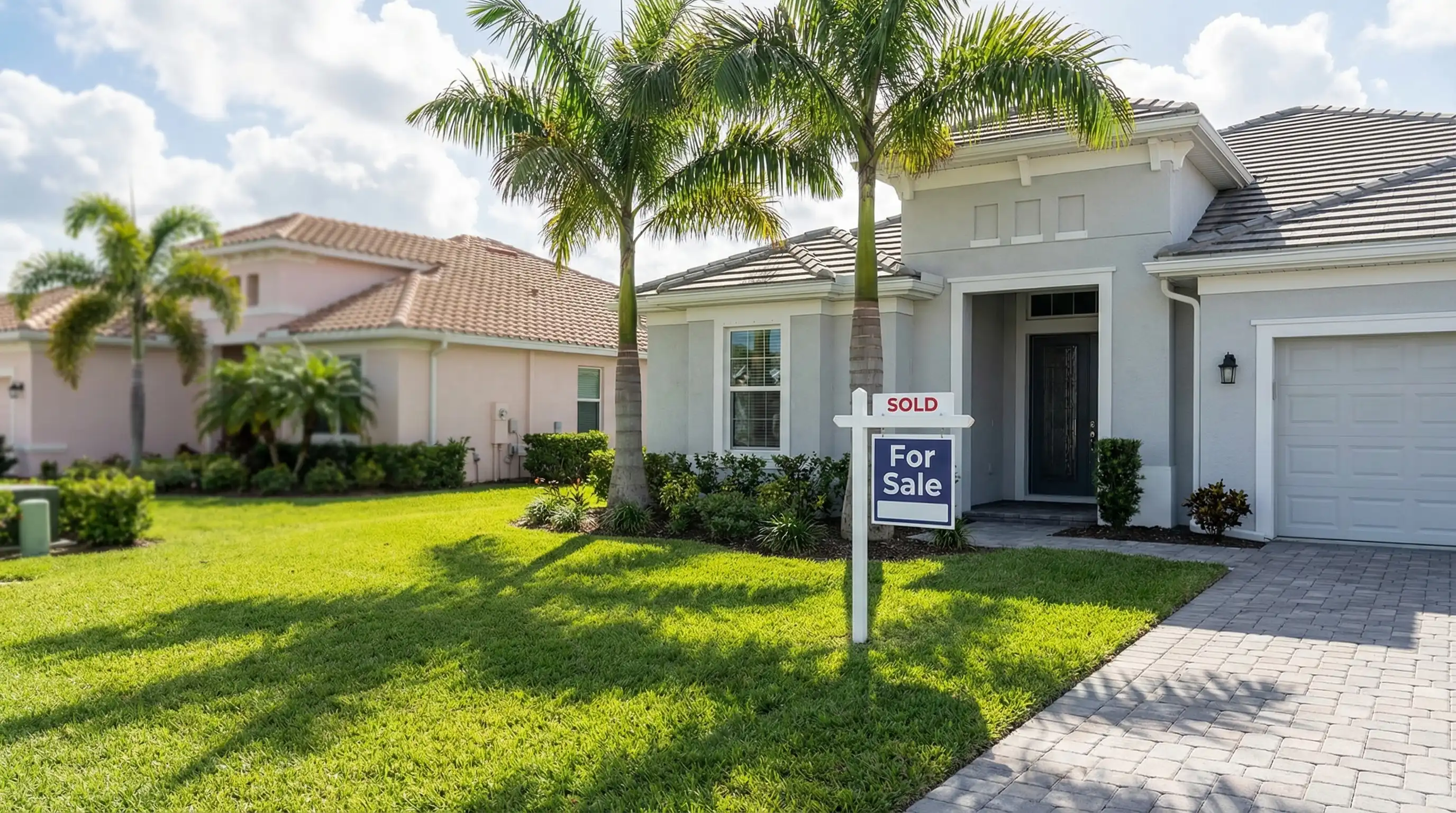 Real estate agent in business casual attire standing in front of a new construction Tradition community home in Port St. Lucie, FL