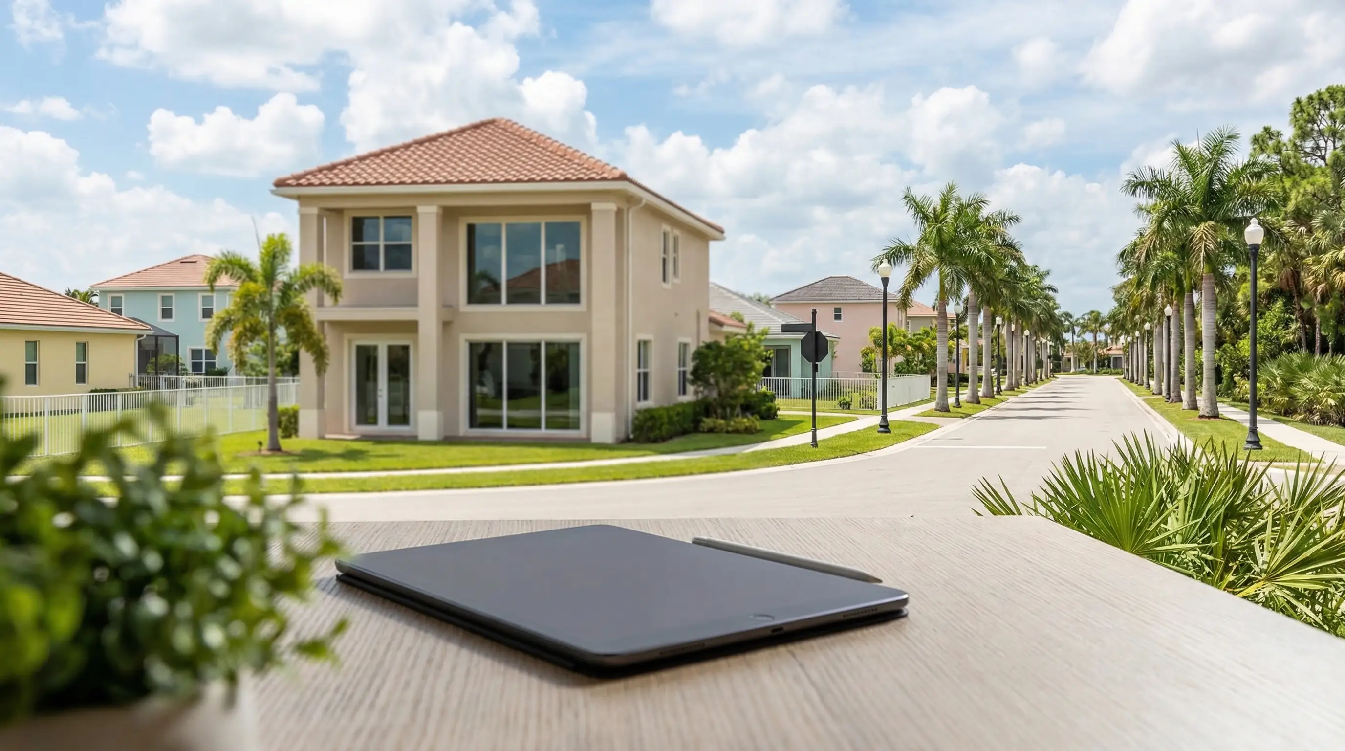 Real estate agent in business casual attire standing in front of a new construction Tradition community home in Port St. Lucie, FL