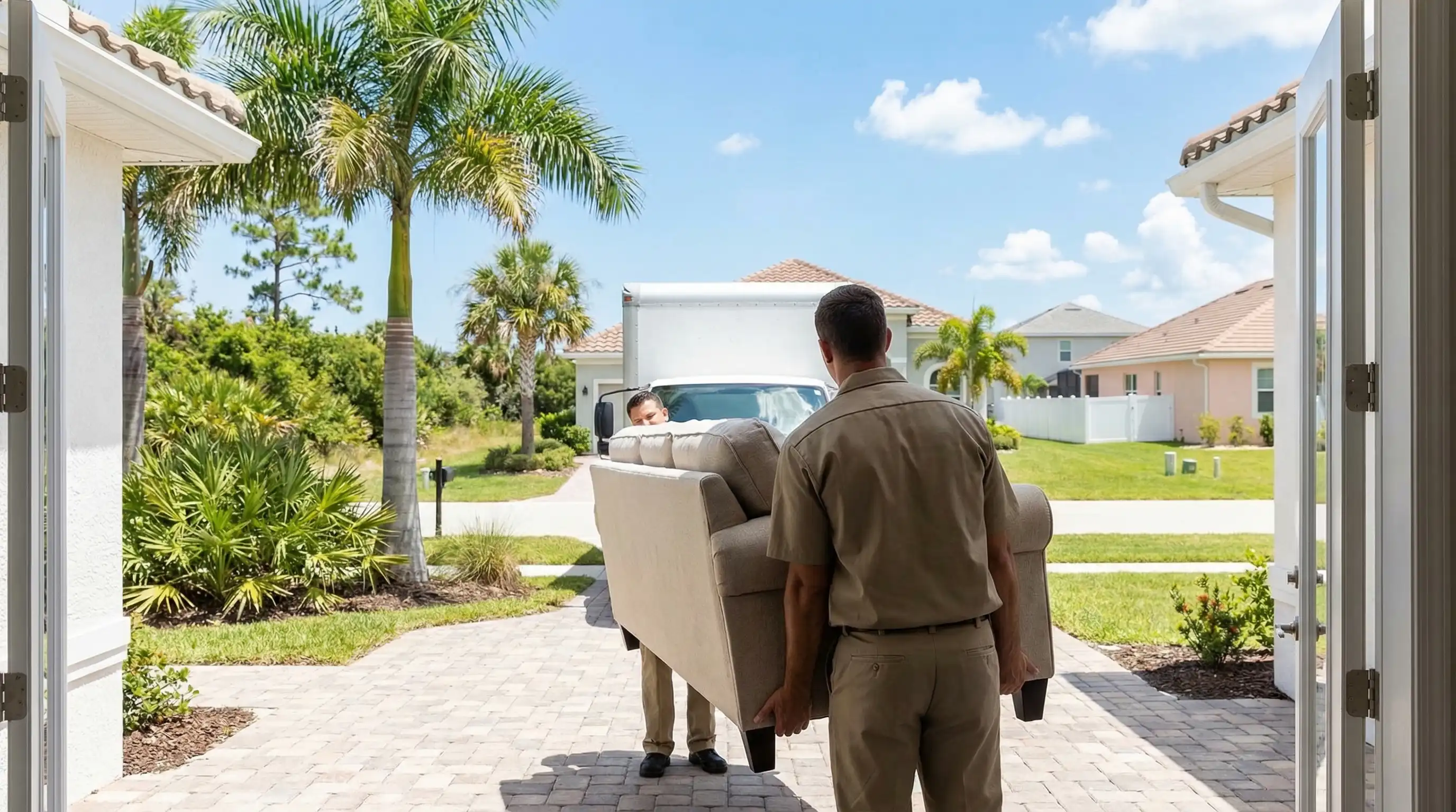 Professional moving crew in branded uniforms carrying furniture through the doorway of a new construction Florida home in Port St. Lucie with a moving truck in the driveway