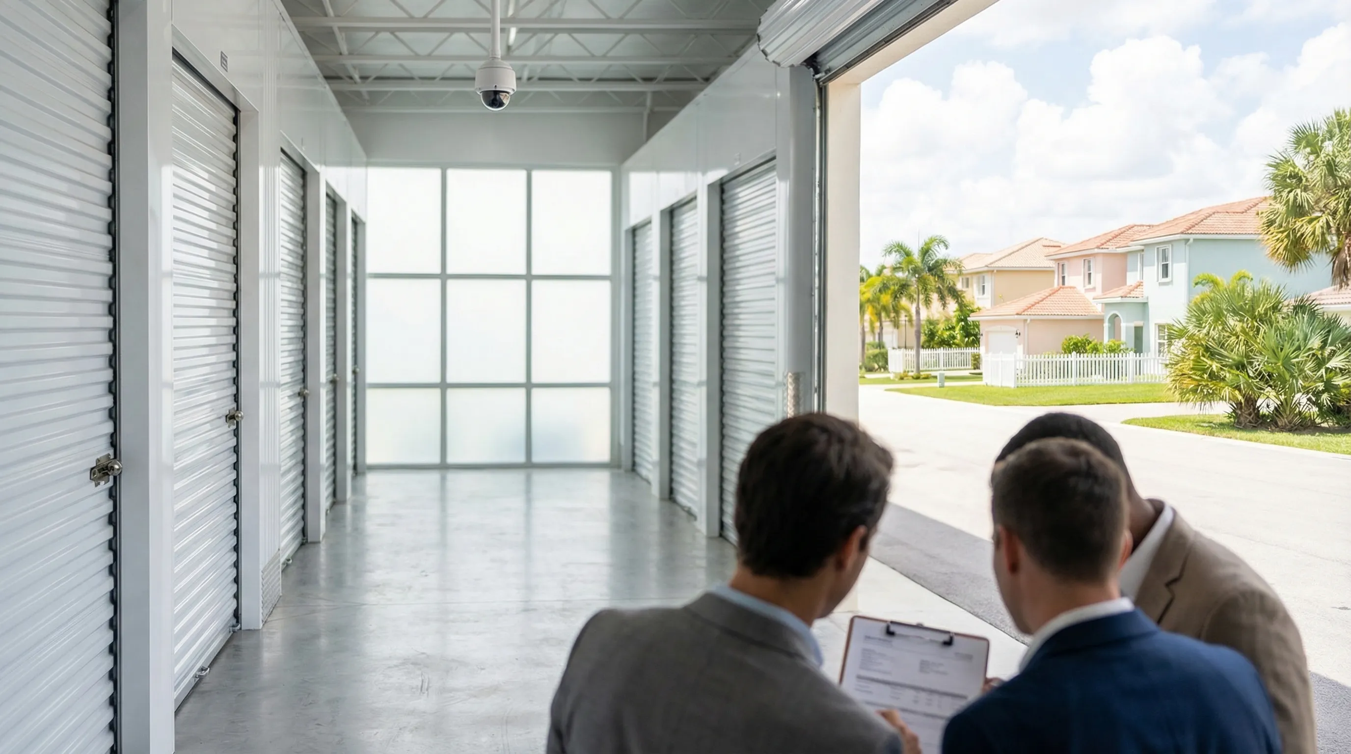Professional moving crew in branded uniforms carrying furniture through the doorway of a new construction Florida home in Port St. Lucie with a moving truck in the driveway