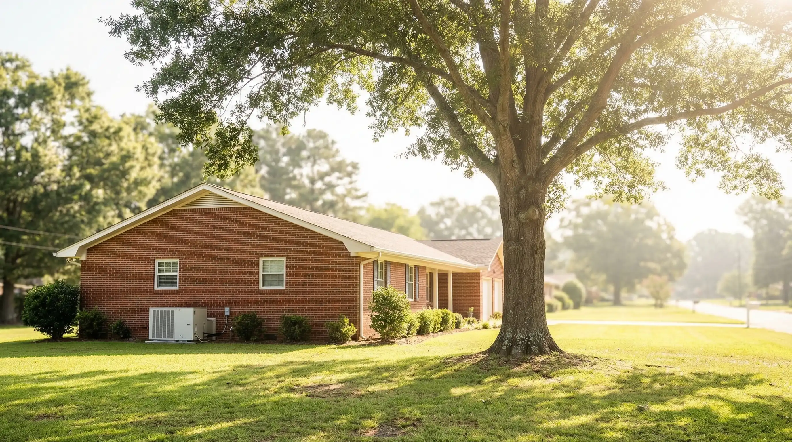 Professional HVAC technician servicing air conditioning unit at a brick ranch home in Montgomery, AL