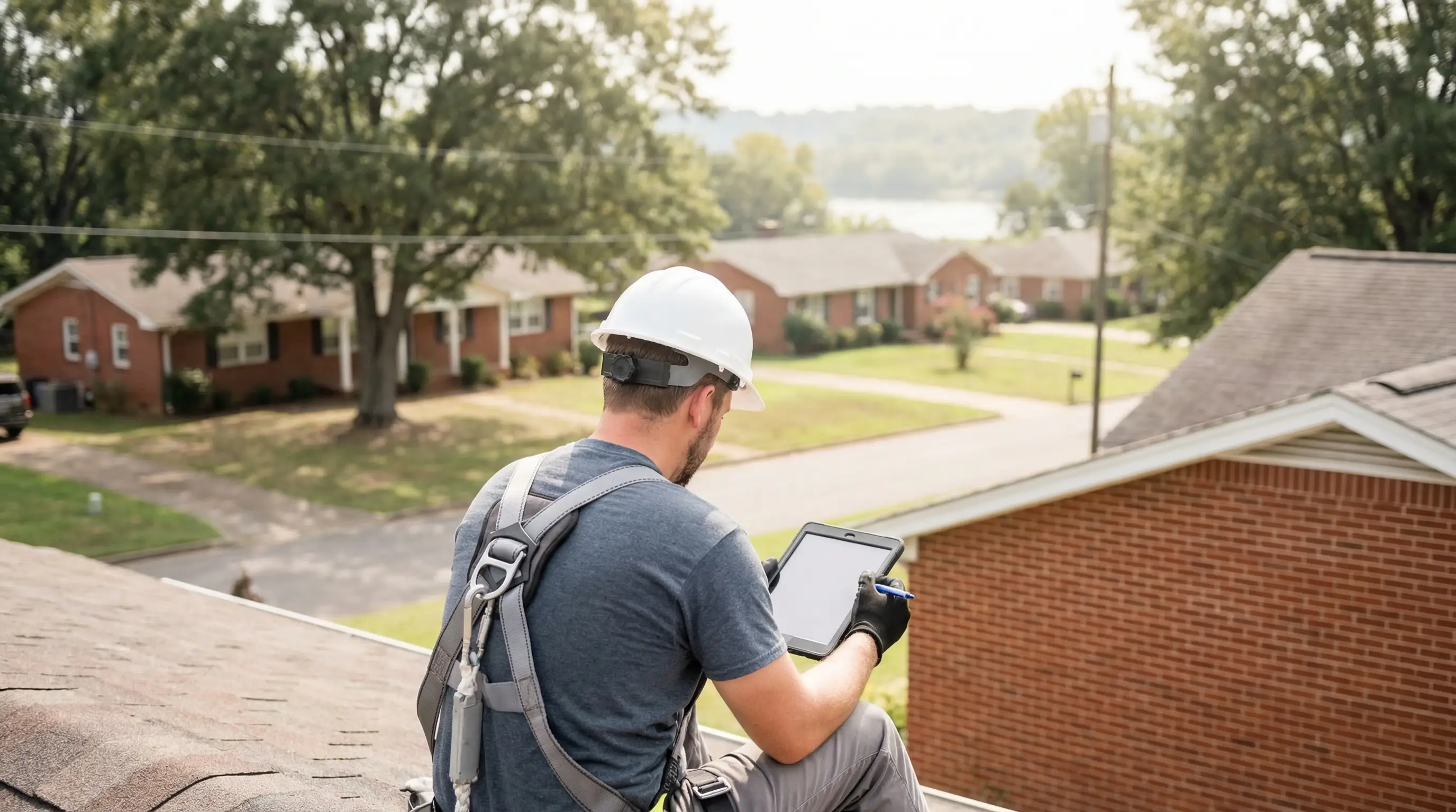 Professional roofer inspecting shingles on a residential home in Montgomery, AL suburban neighborhood
