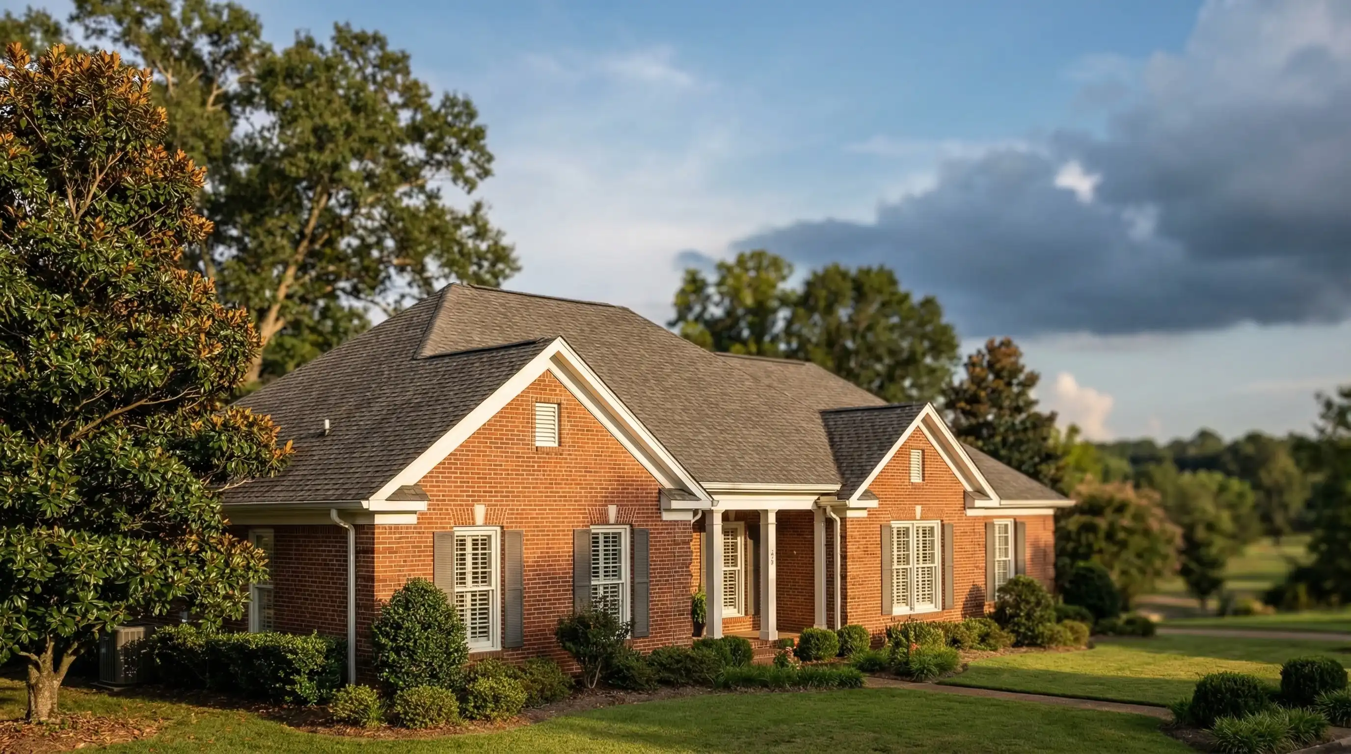 Professional roofer inspecting shingles on a residential home in Montgomery, AL suburban neighborhood