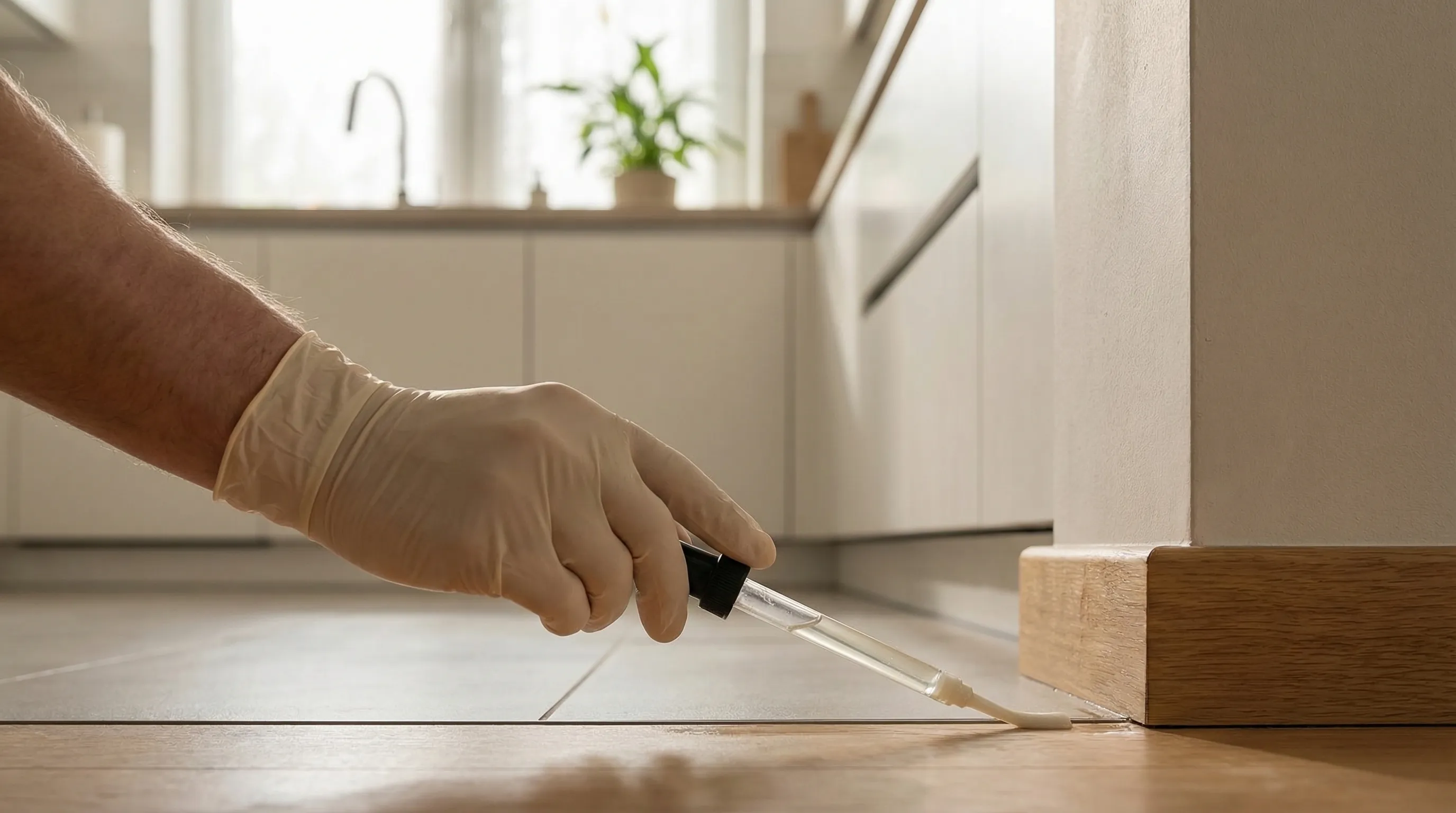 Pest control technician applying treatment at a brick home in a Montgomery, AL residential neighborhood