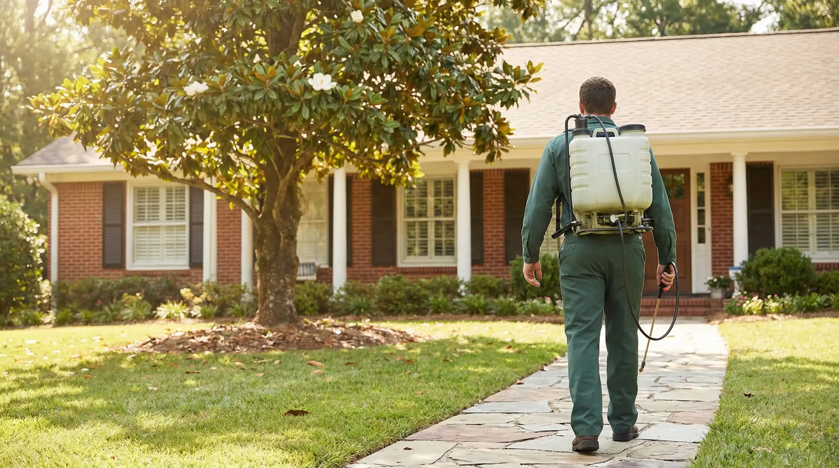 Pest control technician applying treatment at a brick home in a Montgomery, AL residential neighborhood