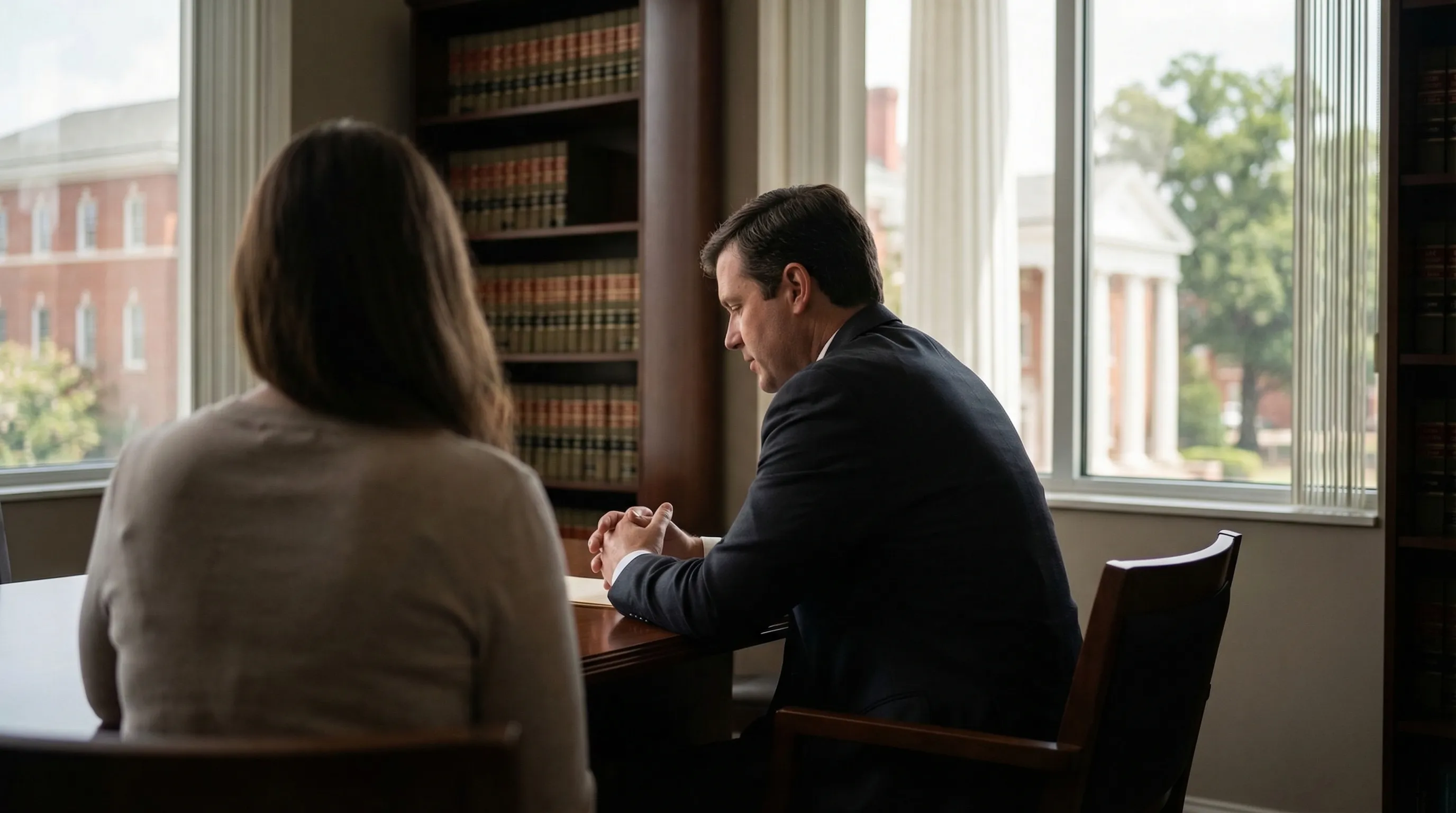 Professional attorney consulting with client in a Montgomery, AL law office with courthouse visible through window