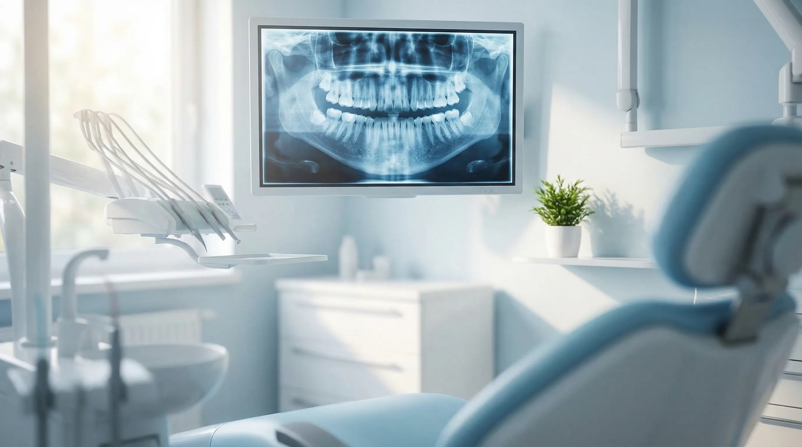 Professional dental office exterior in a Montgomery, AL suburban medical plaza, welcoming entrance with American flag and bright Alabama sky