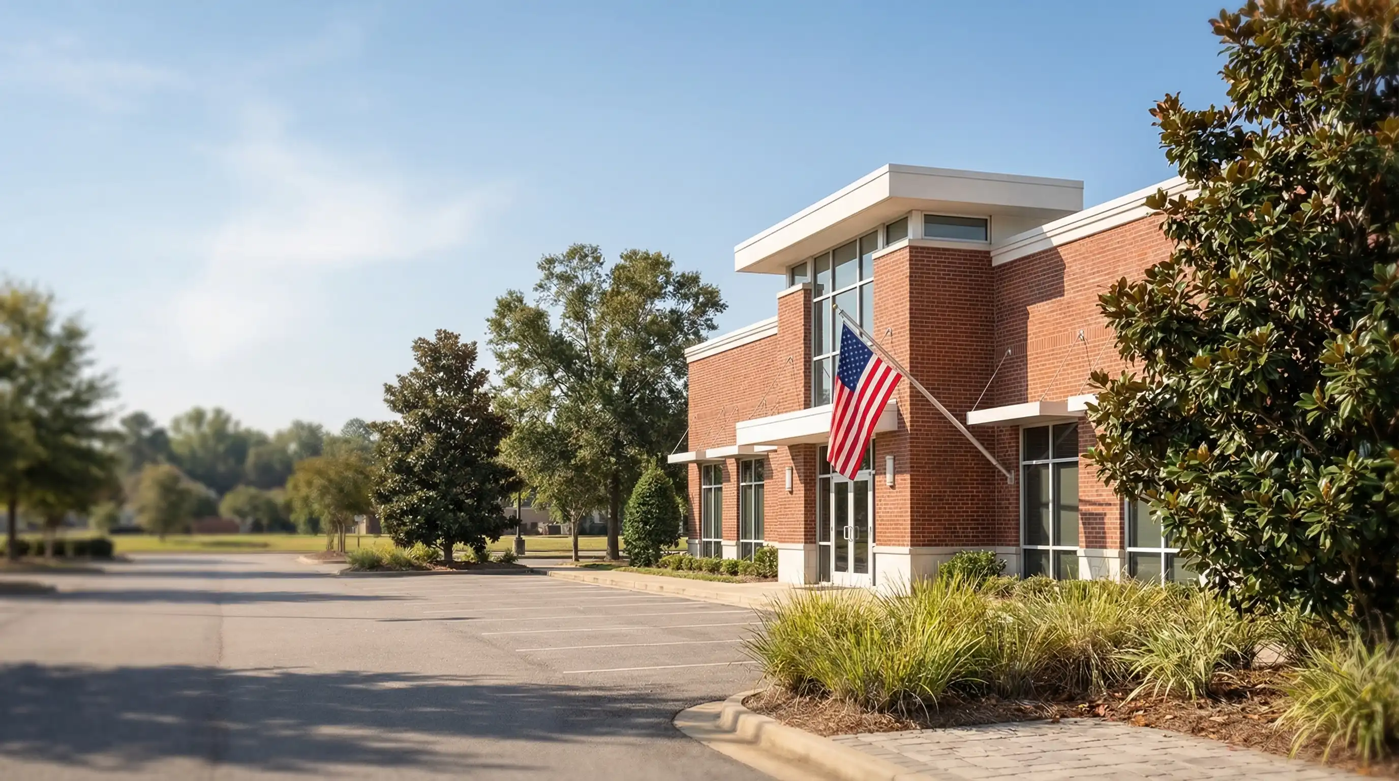 Professional dental office exterior in a Montgomery, AL suburban medical plaza, welcoming entrance with American flag and bright Alabama sky