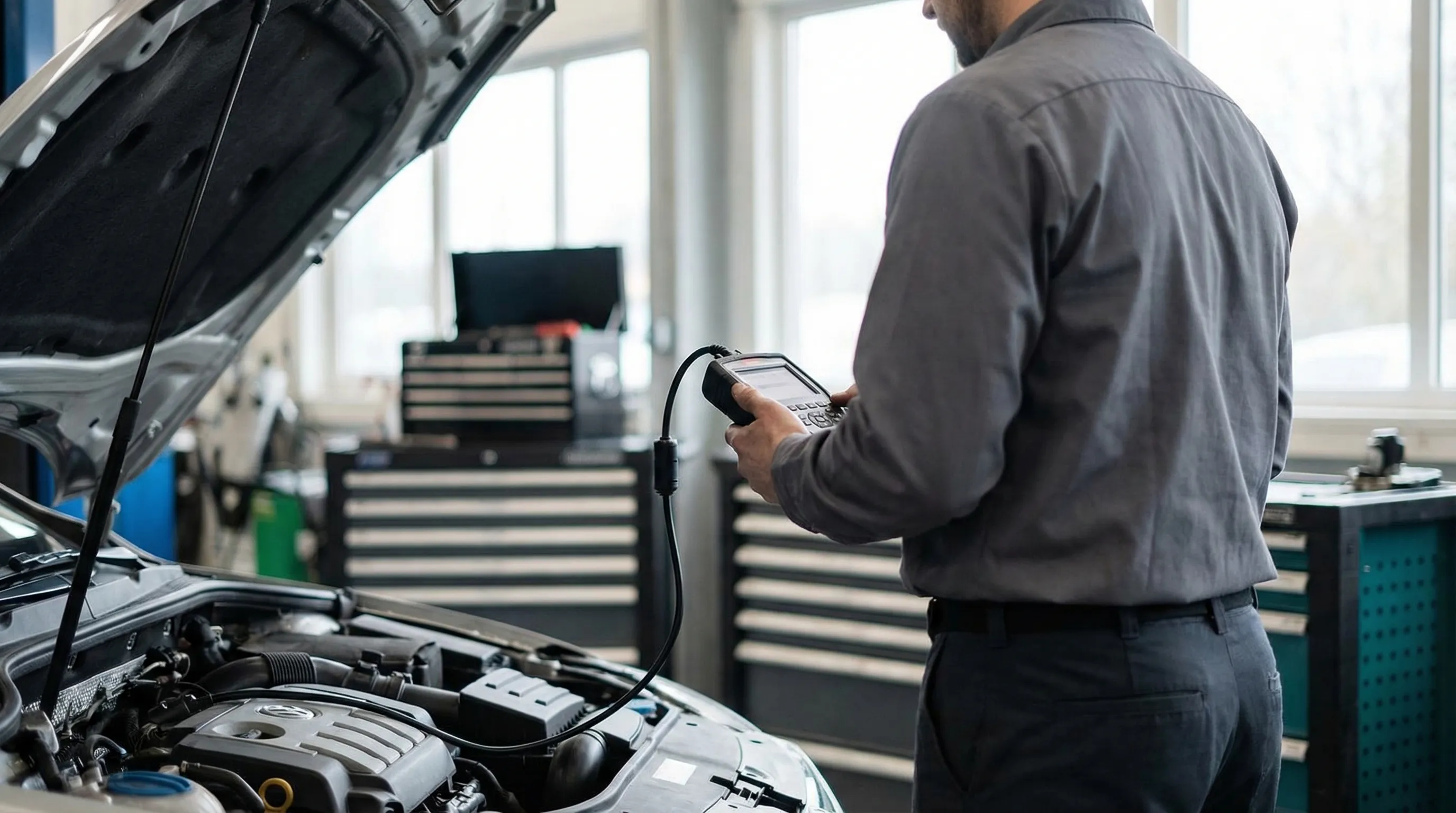 Independent auto repair shop exterior in a Montgomery, AL commercial strip with open service bays and vehicles in lot, bright Alabama sunshine
