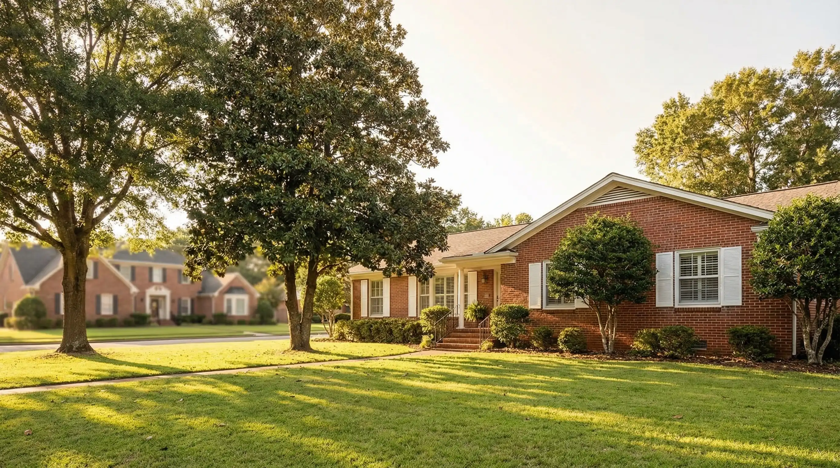 Well-maintained brick ranch home with For Sale sign on a Montgomery, AL suburban residential street with mature oak trees and green lawn