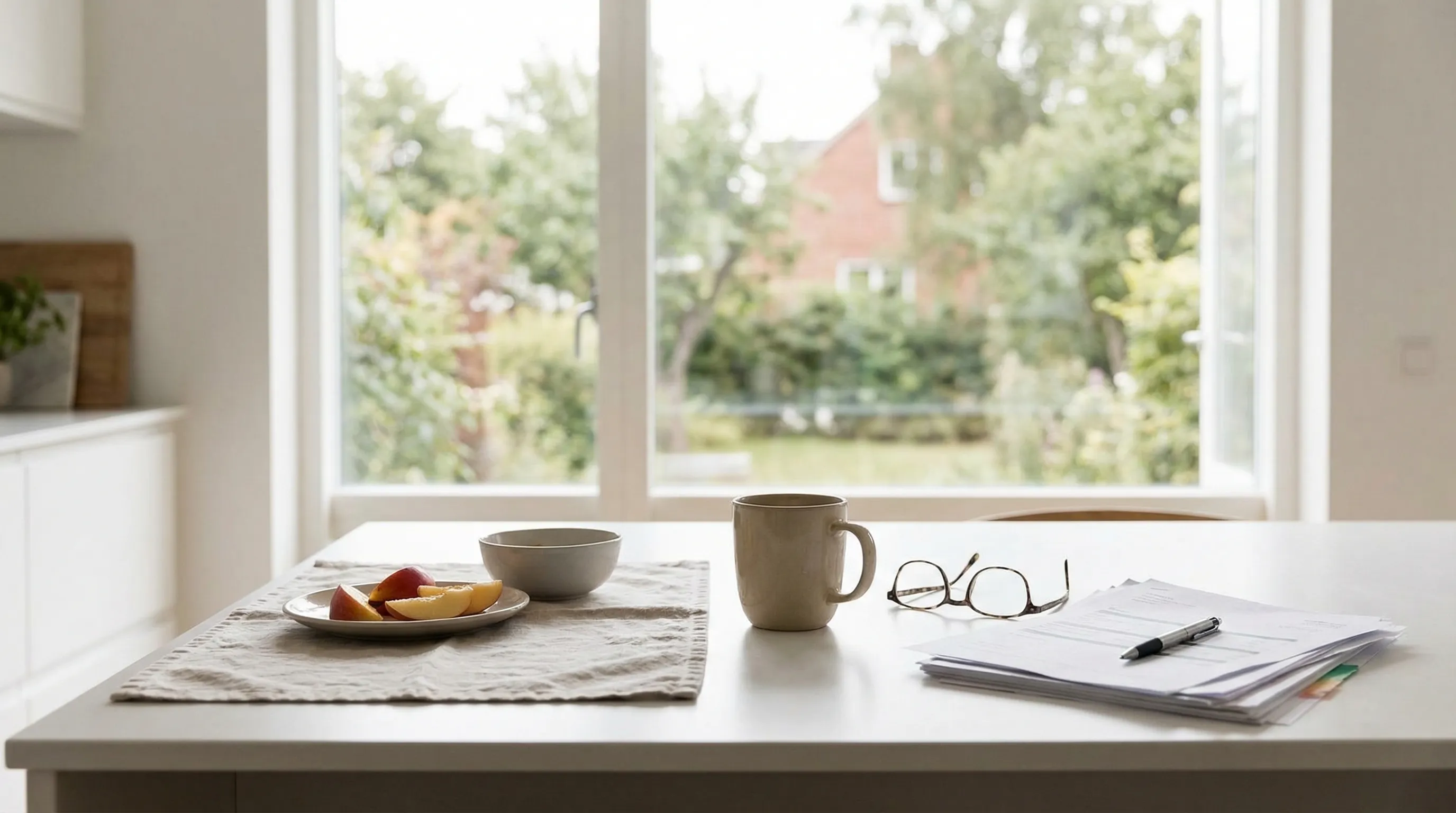 Caregiver in scrubs sitting beside an elderly person at a kitchen table in a warm home environment in Montgomery, AL, genuine connection and natural light