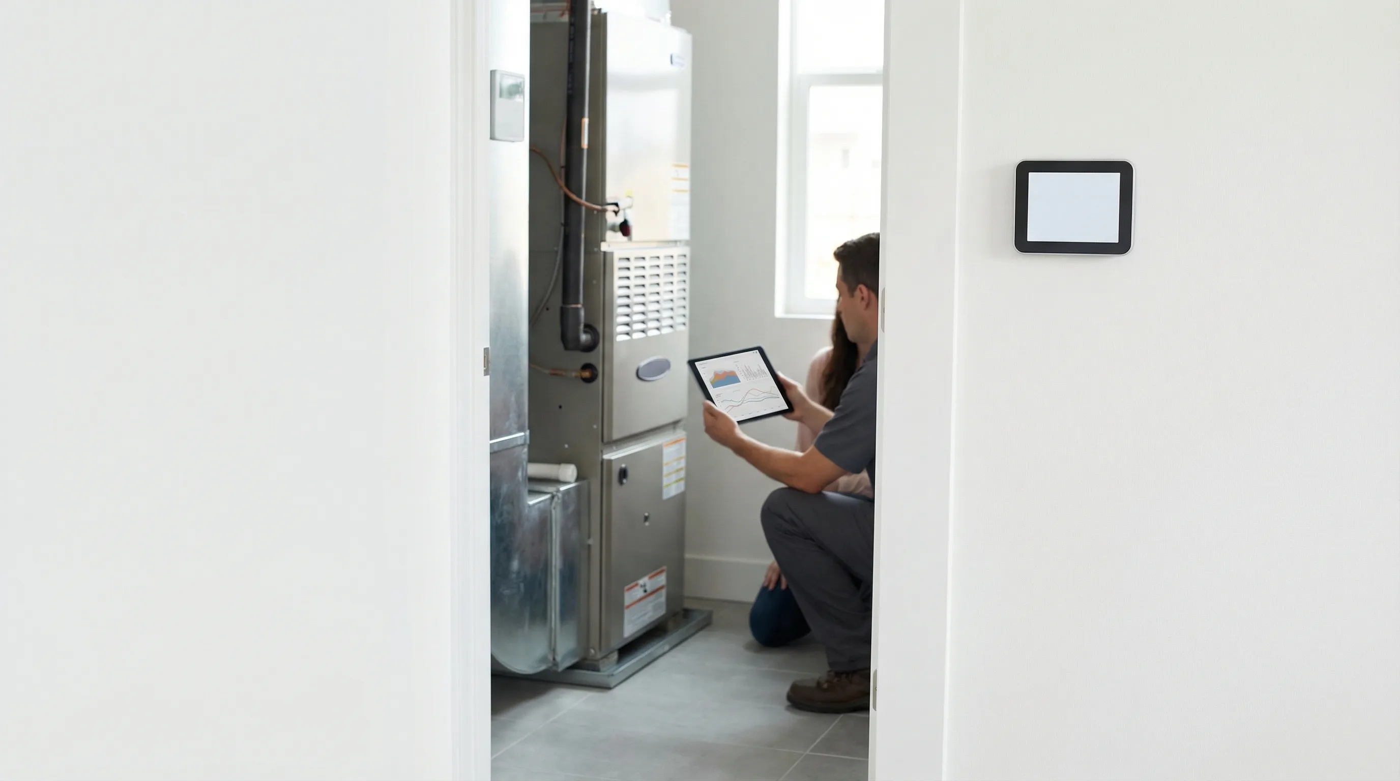 Professional HVAC technician servicing a rooftop AC condenser unit on a stucco home in Mesa, AZ, with a clear blue desert sky in the background
