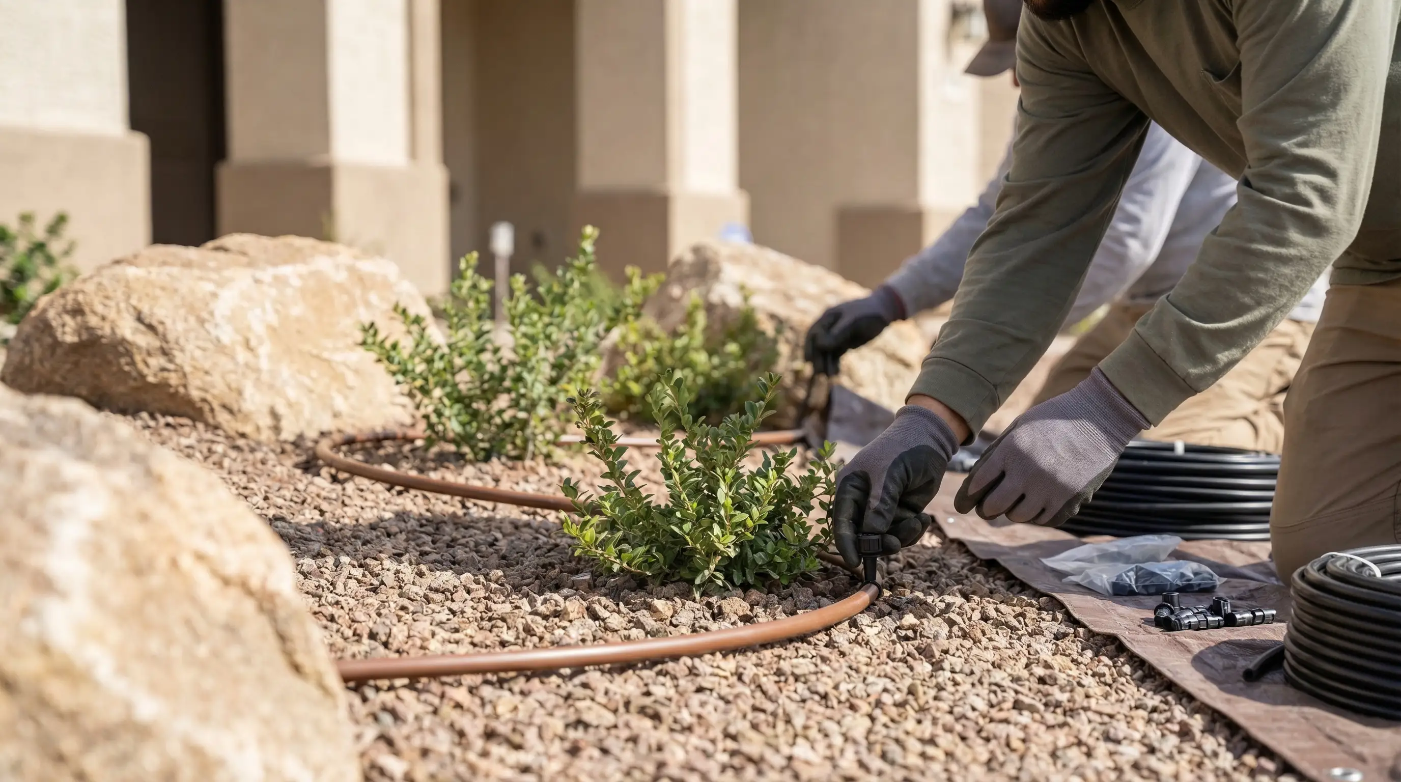 Professional pest control technician applying perimeter treatment at the foundation line of a stucco home in Mesa, AZ, with desert gravel landscaping and clear blue sky