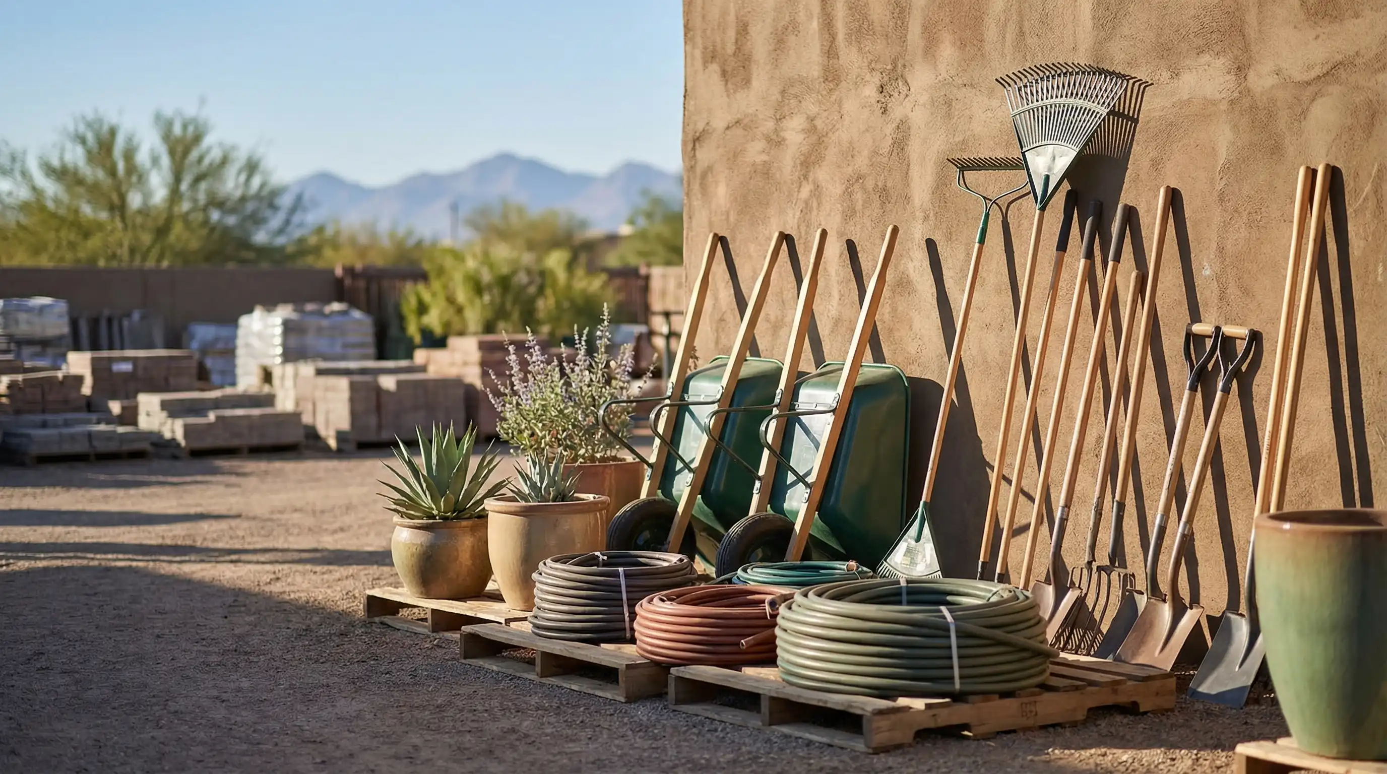 Professional landscaper discussing artificial turf installation and desert yard design with a homeowner outside a Mesa, AZ stucco home with paver patio and desert plants