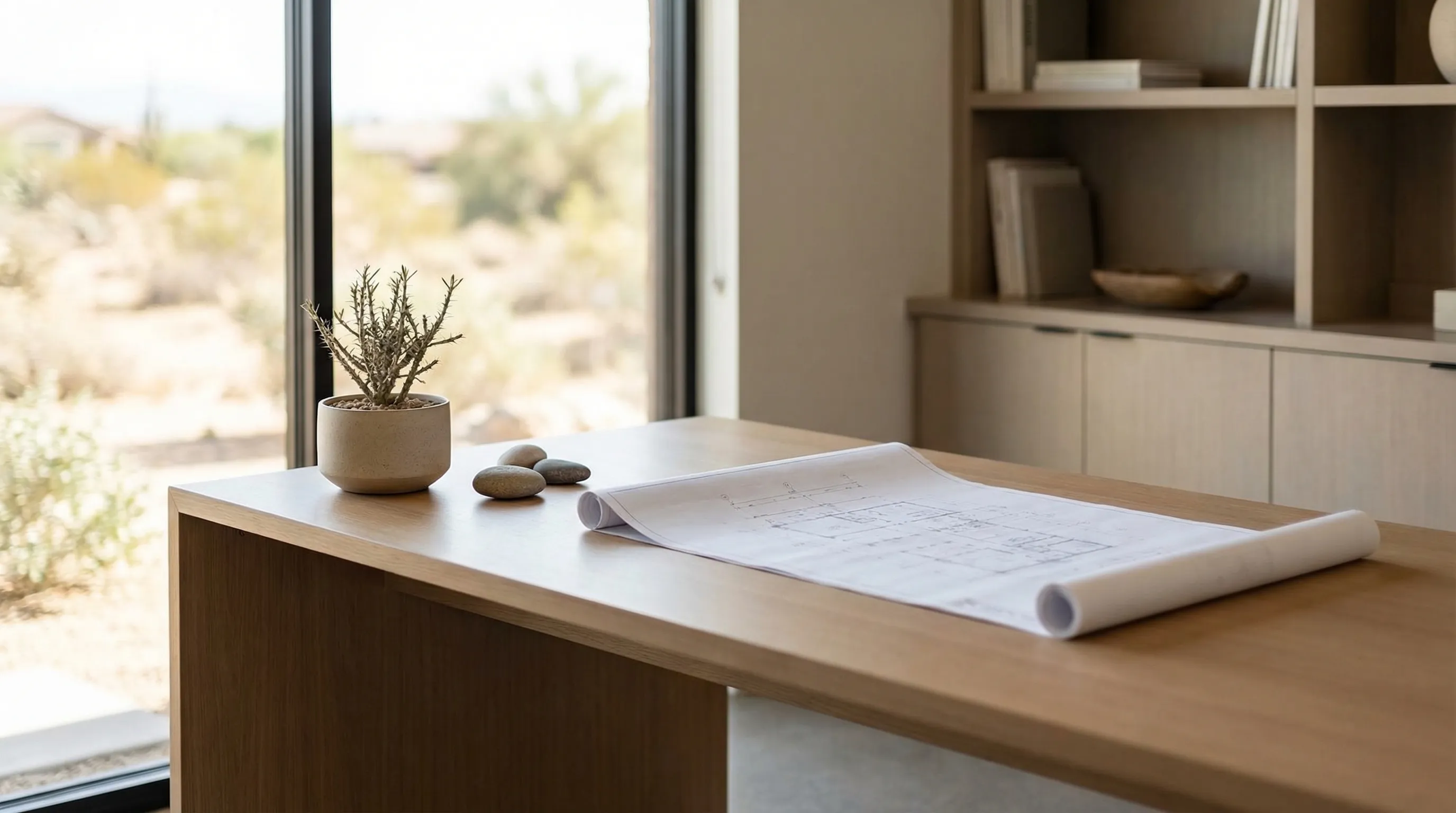 Professional landscaper discussing artificial turf installation and desert yard design with a homeowner outside a Mesa, AZ stucco home with paver patio and desert plants
