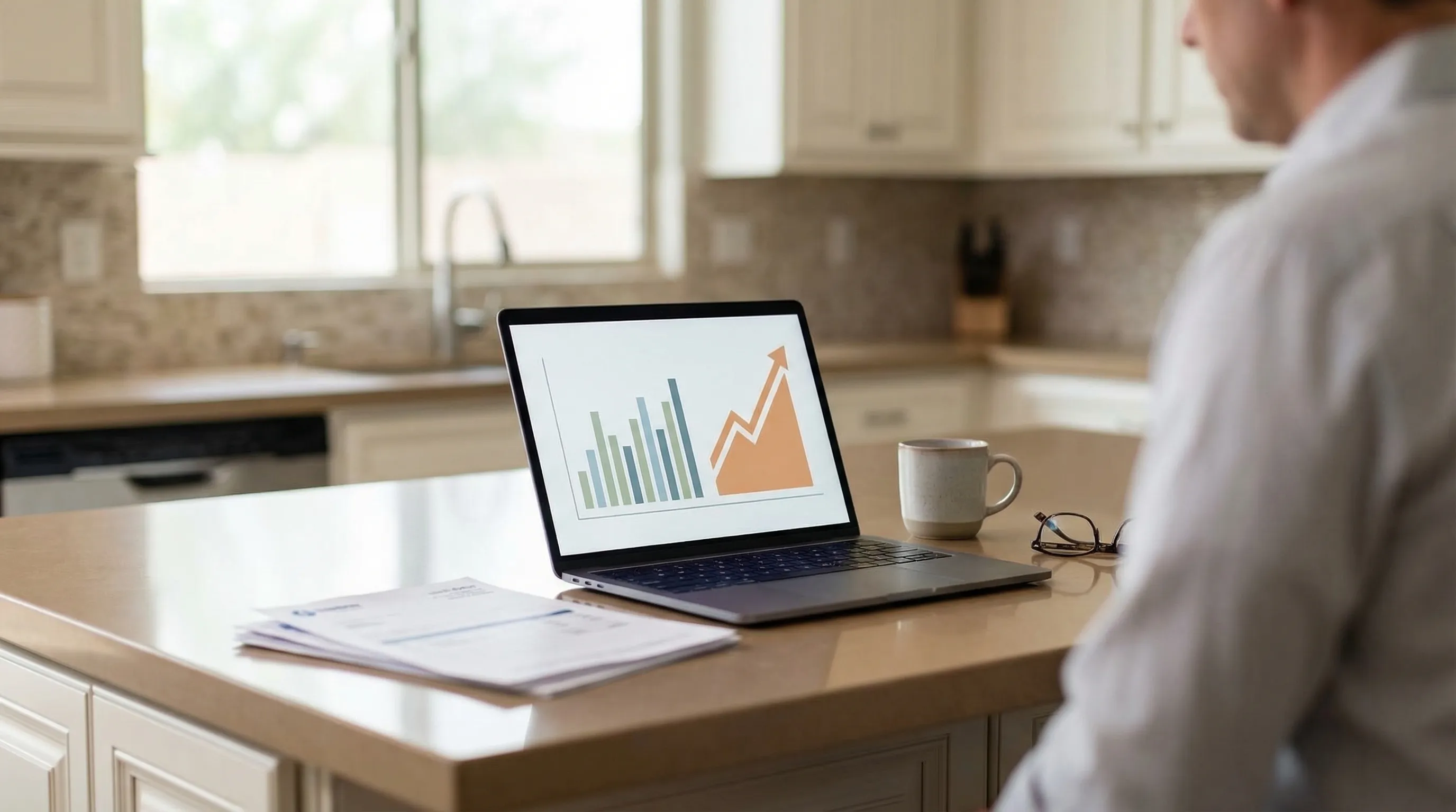 Solar installation technician in hardhat and safety vest working on rooftop solar panel array on a stucco home in Mesa, AZ, with clear Arizona blue sky and desert landscape visible