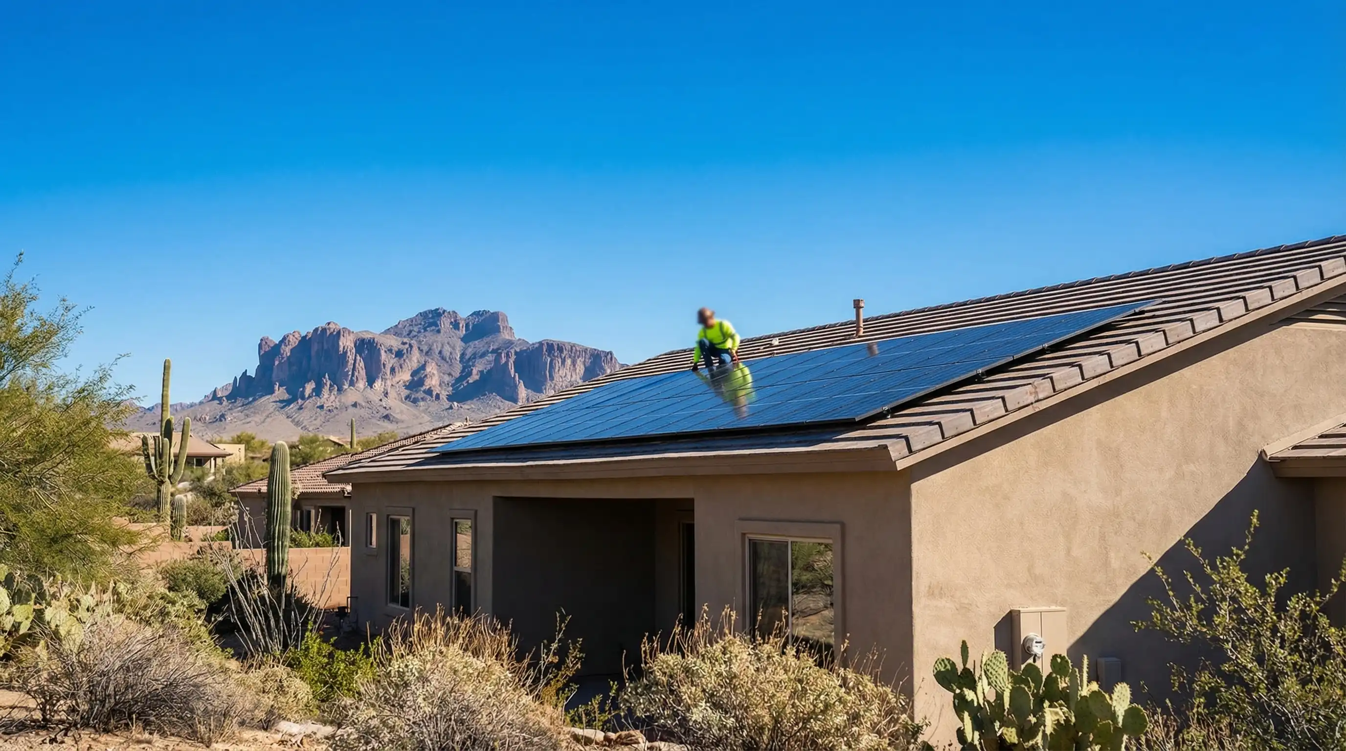 Solar installation technician in hardhat and safety vest working on rooftop solar panel array on a stucco home in Mesa, AZ, with clear Arizona blue sky and desert landscape visible