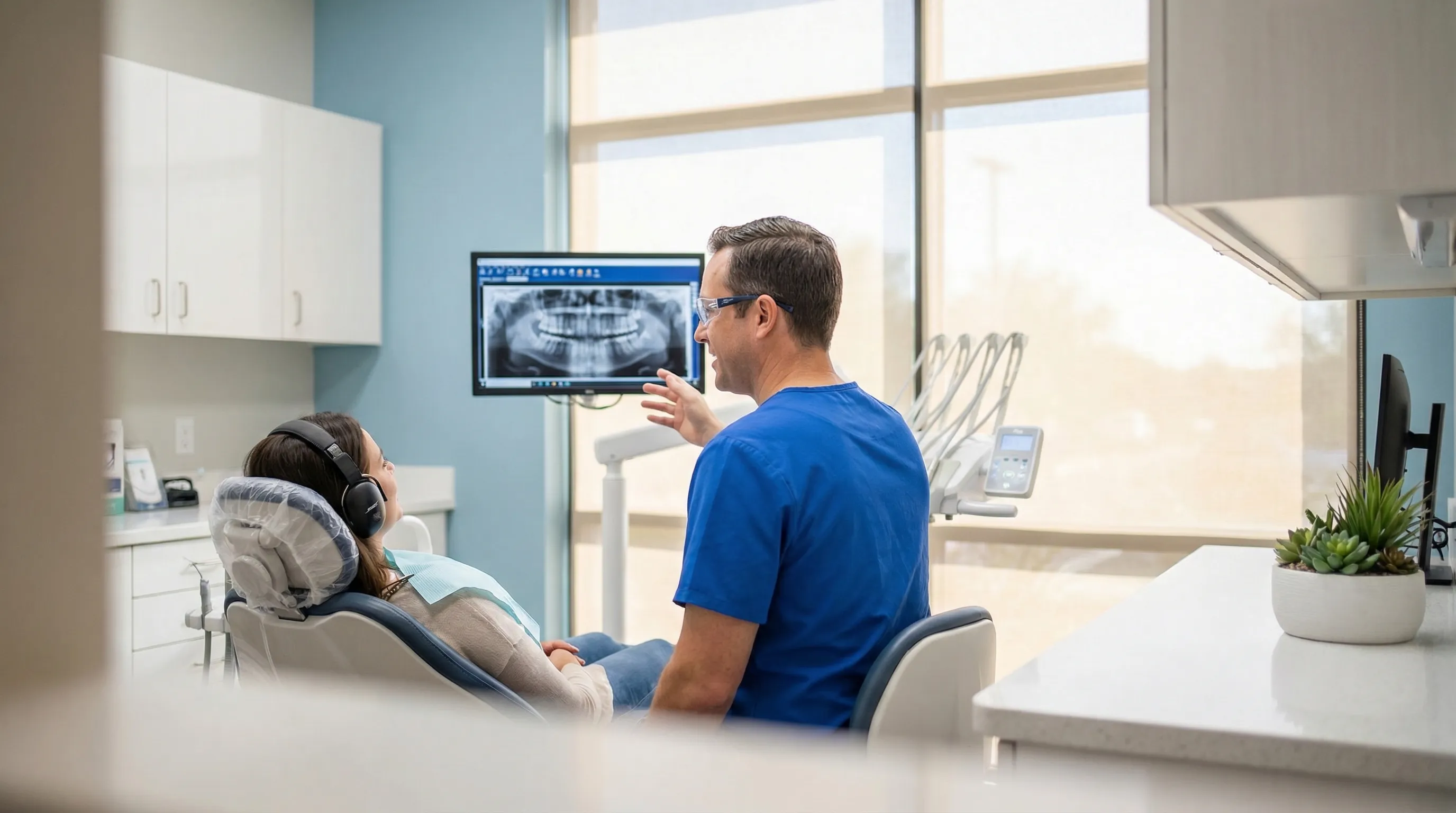 Friendly dentist in blue scrubs reviewing digital X-ray with patient in a modern dental office in Mesa, AZ